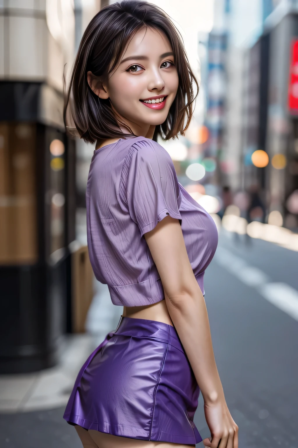 (Photorealistic:1.4), (Very detailed), (highest quality), (Best Shadow), (masterpiece), Ultra-high resolution, 1 The Ultimate Beautiful Mature Woman, Very detailedな顔, (Perfect Teeth), Beautiful Eyes, double eyelid, eyelash, Lip details, Short black hair, (Light purple blouse:1.2), (Red tight mini skirt:1.3), Light pink panties, (Big Breasts), smile, Thighs, Written boundary depth, Perfect lighting, With background: (Tokyo Ginza Street)