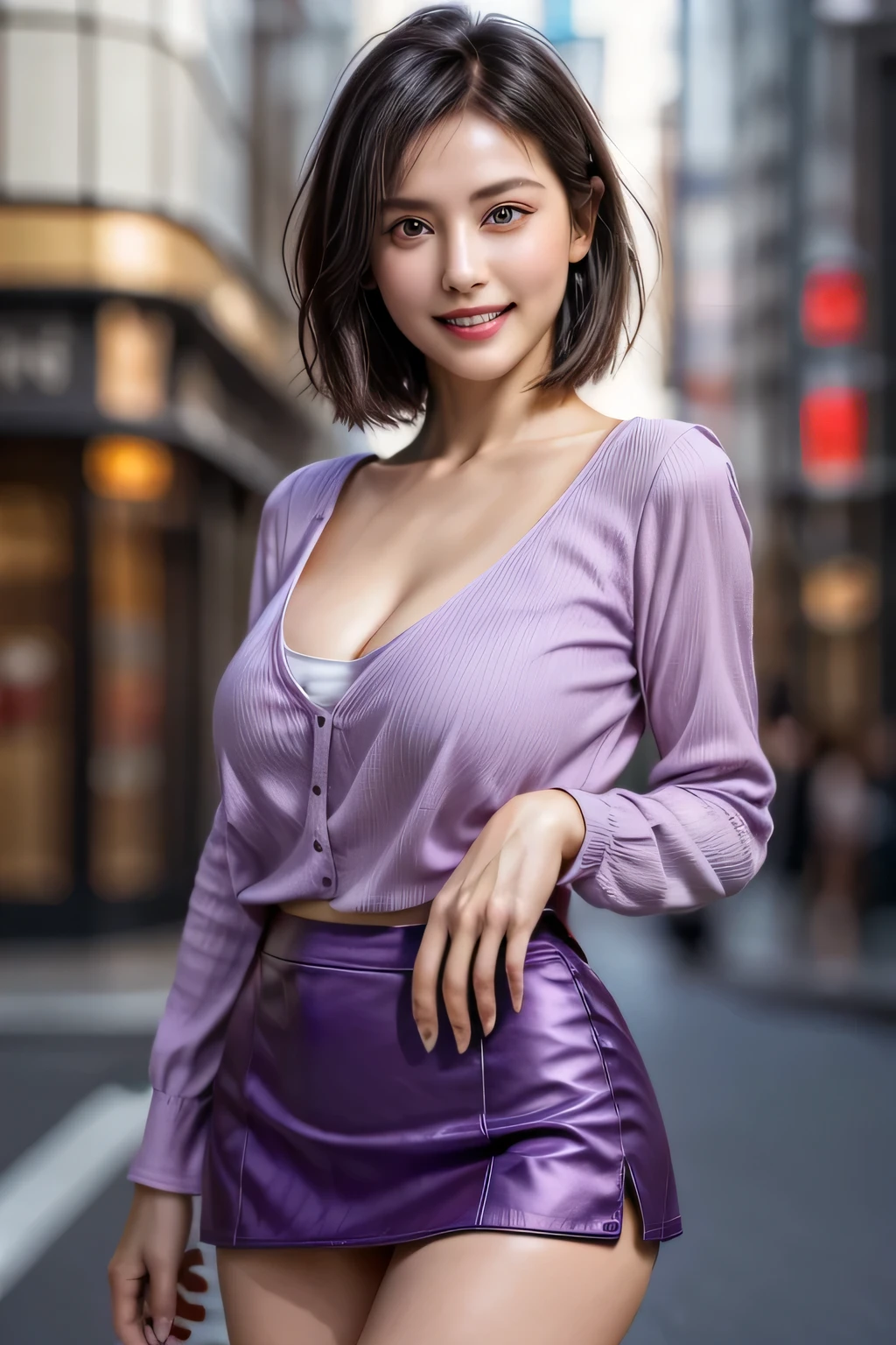 (Photorealistic:1.4), (Very detailed), (highest quality), (Best Shadow), (masterpiece), Ultra-high resolution, 1 The Ultimate Beautiful Mature Woman, Very detailedな顔, (Perfect Teeth), Beautiful Eyes, double eyelid, eyelash, Lip details, Short black hair, (Light purple blouse:1.2), (Red tight mini skirt:1.3), Light pink panties, (Big Breasts), smile, Thighs, Written boundary depth, Perfect lighting, With background: (Tokyo Ginza Street)