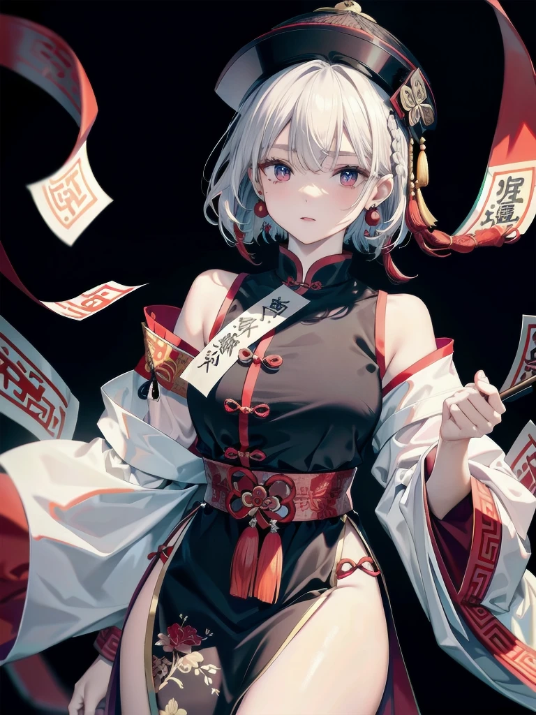 cemetery, dress, braid, chinese clothes, headwear, ofuda, jiangshi, qing guanmao, absurdres, RAW photo, extremely delicate and beautiful, masterpiece, Best Quality, ultra high resolution, 32k, hyperrealistic, ultra-detailed, detailed description, pale skin, 20 years old, tearful mole, earring, Colossal tits, short medium hair, wavy hair, full body shot,