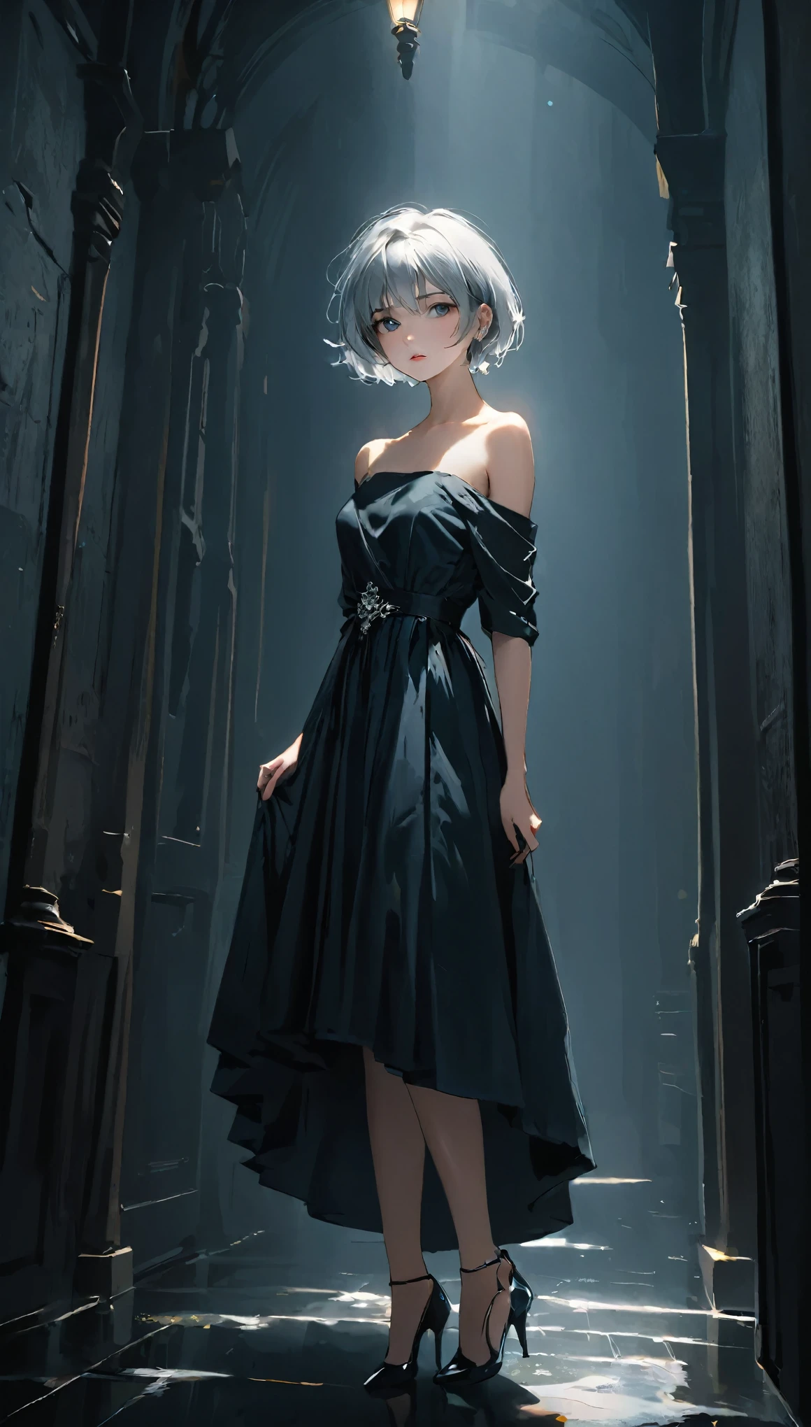(highest quality, Tabletop:1.2, 超A high resolution, Realistic:1.5), RAW Photos, 1 girl, Off the shoulder, In the Dark, Deep Shadow, Subdued lighting, Cool Tones, Captivating Gaze, short hair, Foggy atmosphere, Mysterious atmosphere, Subtle highlights, Dramatic contrast, Elegant pose, Intense emotions, Mysterious Beauty, enchanting darkness, Attractive look　Silver Hair　Full body view 1.2　Beautiful feet　Stiletto heels