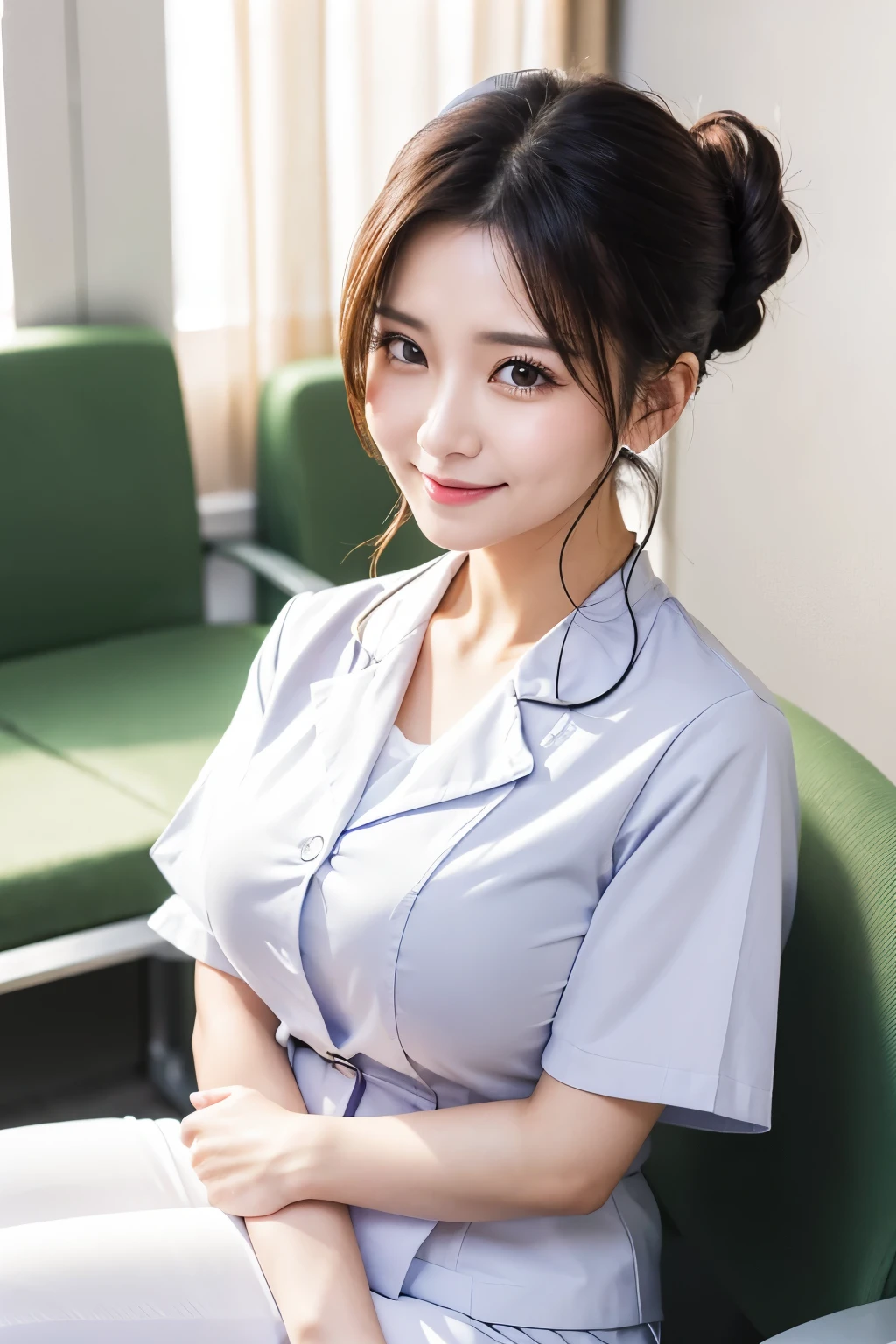 (1 woman)、(Beautiful Japanese、38years old,round face、Refreshing、clear、seems kind、stylish、Pitiful、cute like an angel、cute、black eyes、,actress,Narrow eyes,Adult atmosphere、Slit eyes), Good style , (Beautiful big breasts:1.2),(soft breasts),(very cute),(Black hair),(updo),(enchanting eyes),(highlight on eyes:1.2)、(8K、Live shooting、highest quality、masterpiece:1.2、optimal lighting)、((masterpiece)),(Photo taken by a professional photographer),(real、photo real:1.4),break,{ (White nurse costume),(((taraditional nurse uniform))),{(White nurse tight pants)},(cleavage:1.0)},(cheeks are red:1.2), break, break,Hospital,Face shot:1.3、Hospital waiting room、Looking at viewer:1.0,Smile、 view,Big Ass,dynamic angle,Face close-up,Both eyes closed:1.6