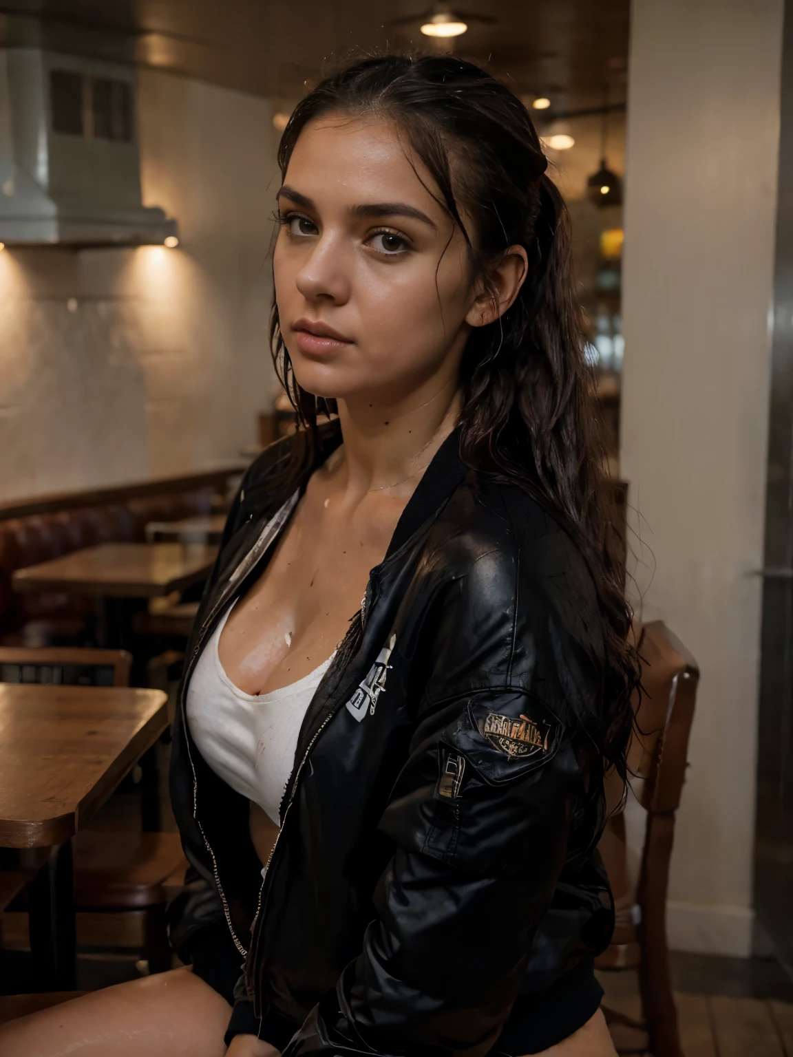 Wet Beautiful 26 years old woman, braless,  (((maria-luv))), pony tail, dark curly hair, wearing la black  bomber jacket, white loose t-shirt, pizza restaurant, canon 75 mm, natural morning light, realistic portrait, highly detailed, analog style, deep cleavage, full body, bored, from below