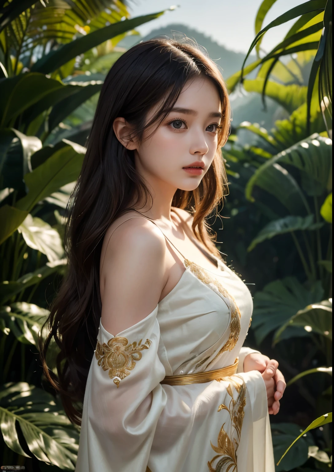 (best quality,4k,8k,highres,masterpiece:1.2),ultra-detailed,(realistic,photorealistic,photo-realistic:1.37),portrait,soft lighting,beautiful detailed eyes, beautiful detailed lips,long eyelashes,dark wavy hair,serene expression,olive skin,traditional Chinese dress,ornate embroidery,flowing silk fabric,subtle hand gesture,graceful posture,frontal view,with a slight tilt of the head,dappled sunlight filtering through the sugarcane leaves,distant mountains and valleys in the background,rustling sound of sugarcane stalks swaying in the breeze,lush greenery,fiery sunset color palette,soft warm tones,ethereal atmosphere,sweet aroma of ripening sugarcane,delicate dewdrops glistening on the tips of the leaves,subtle movements of the girl's dress in the wind,peaceful ambience,harmony between the girl and nature