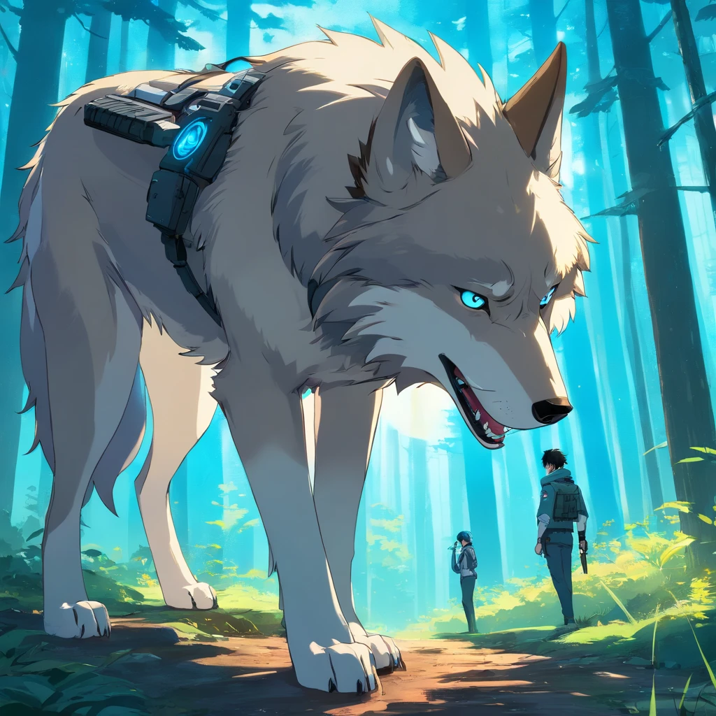 There is a wolf standing in the forest with a bright blue eye, grande lobo, Ele tem olhos de lobo amarelos, lobo azul, retrato do lobo da fantasia, an anthropomorphic wolf, anime exuberante john 8k madeiras, Lobo branco com olhos azuis, lobo, anthropomorphic wolf, lobo peludo, um lobo branco, anime raposa branca, um lobo antro , also has a hunter with a gun , pois esse lobo e lendario um lobo cyber punk