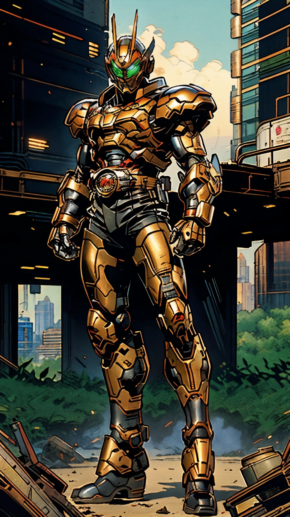 A man wearing a full-face helmet, a fantasy-style biotech armored combat suit, green eyes, (a composite layered chest armor), fully enclosed shoulder guards, matching arm and leg guards, the belt is adorned with dragon claw grasping orbs, (the color scheme is primarily black with red accents), the design balances heavy with agility, a high-tech bio-mecha armor, (Armor Concept Inspired by Dragons, stand on the top of a skyscraper in a futuristic sci-fi city), this character embodies a finely crafted fantasy-surreal style armored hero in anime style, exquisite and mature manga art style, (element, plasma, energy, the armor glows), ((male:1.5)), metallic, real texture material, dramatic, high definition, best quality, highres, ultra-detailed, ultra-fine painting, extremely delicate, professional, perfect body proportions, golden ratio, anatomically correct, symmetrical face, extremely detailed eyes and face, high quality eyes, creativity, RAW photo, UHD, 32k, Natural light, cinematic lighting, masterpiece-anatomy-perfect, masterpiece:1.5