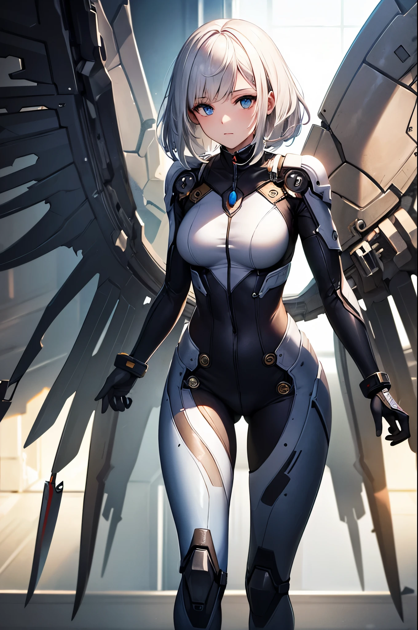 best quality, 8k, super fine illustration, extremely detailed CG, masterpiece,
beautiful anime style girl,
1 girl, solo, medium hair, white hair, blue eyes, bangs, sharp gaze, shining eyes, expressionless
Medium breasts, bodysuit, very precise mechanical bodysuit, white costume,
Indoors, Mechanical Room, Gears, Cyberpunk, Walking, Front View, Female Focus, Looking at the Viewer,
Telephoto lens, slow shutter speed, wings, (mechanical wings)
,,
(pure color scene),
(best shadow),
,,
(natural light),
,,
(natural reflection),