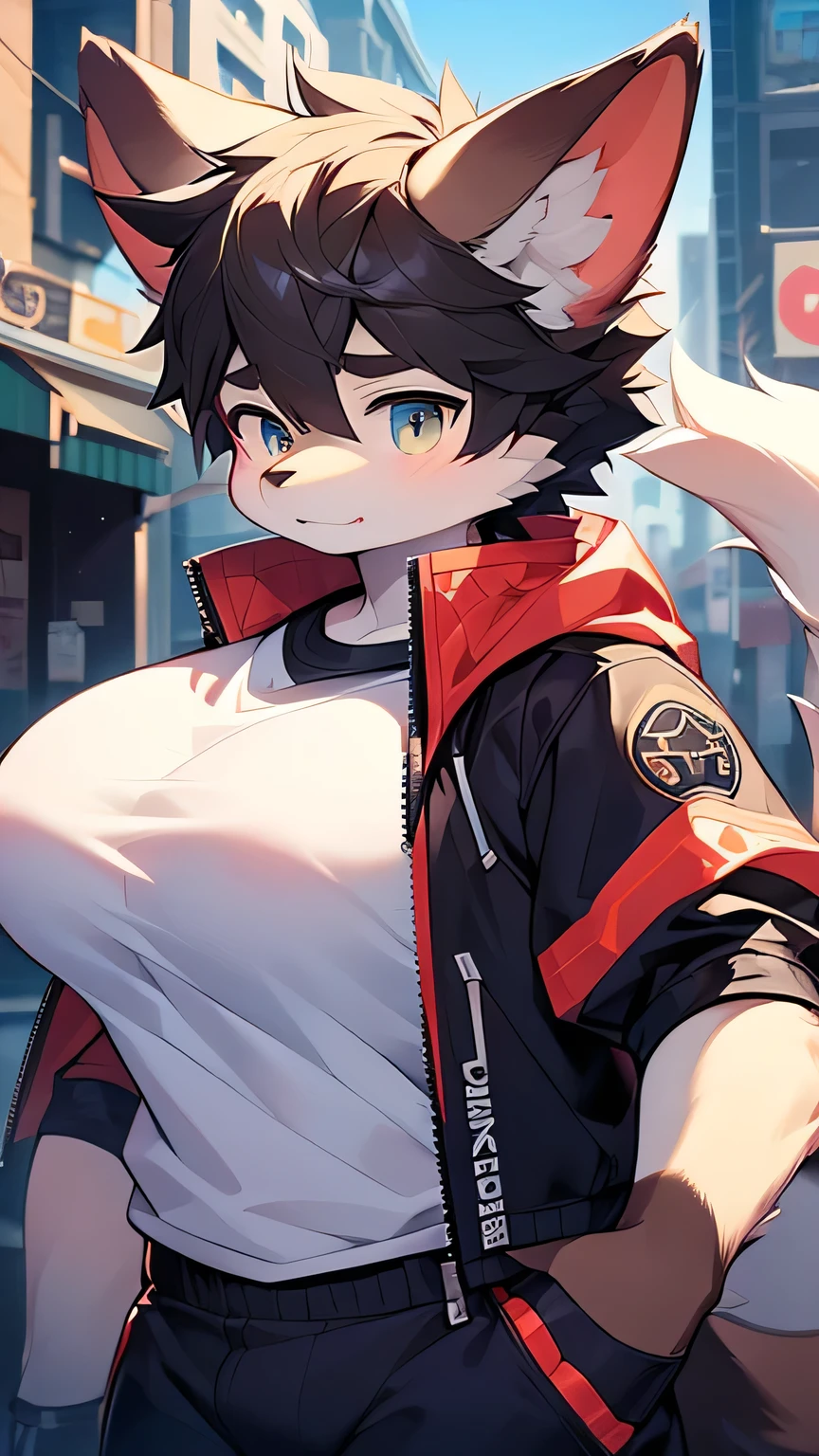 A male wolf，Big Tail，big ear，((HYPER_BREASTS))，Round breasts，((male))，high quality，best quality，high resolution，Super detailed，Perfect breasts，Normal breast structure，Boyfriend，masculine_male，Detailed eyes，cute，Normal body structure，BIG_BREASTS，HUGE_BREASTS，Extra large breasts，((Shota))，masterpiece，artwork，(thin)，Upper body close-up，(Too much androgen)，puberty，((HYPER_BOOBS))，(((Jacket with T-shirt)))，shorts，Detailed background，top quality, High-quality illustrations, masterpiece, Ultra-high resolution, ( boy), (Very detailed and beautiful face and eyes), Perfect anatomical structure, Good lighting, shadow，shota，Shy，bulge，(((HYPER_BULGE)))，fuzzy，BIG_BULGE，HUGE_BULGE，There is only one person，(Boys)，Masculine，Masculine，Masculine，(Ordinary Boys)，Model shooting style，Close Range