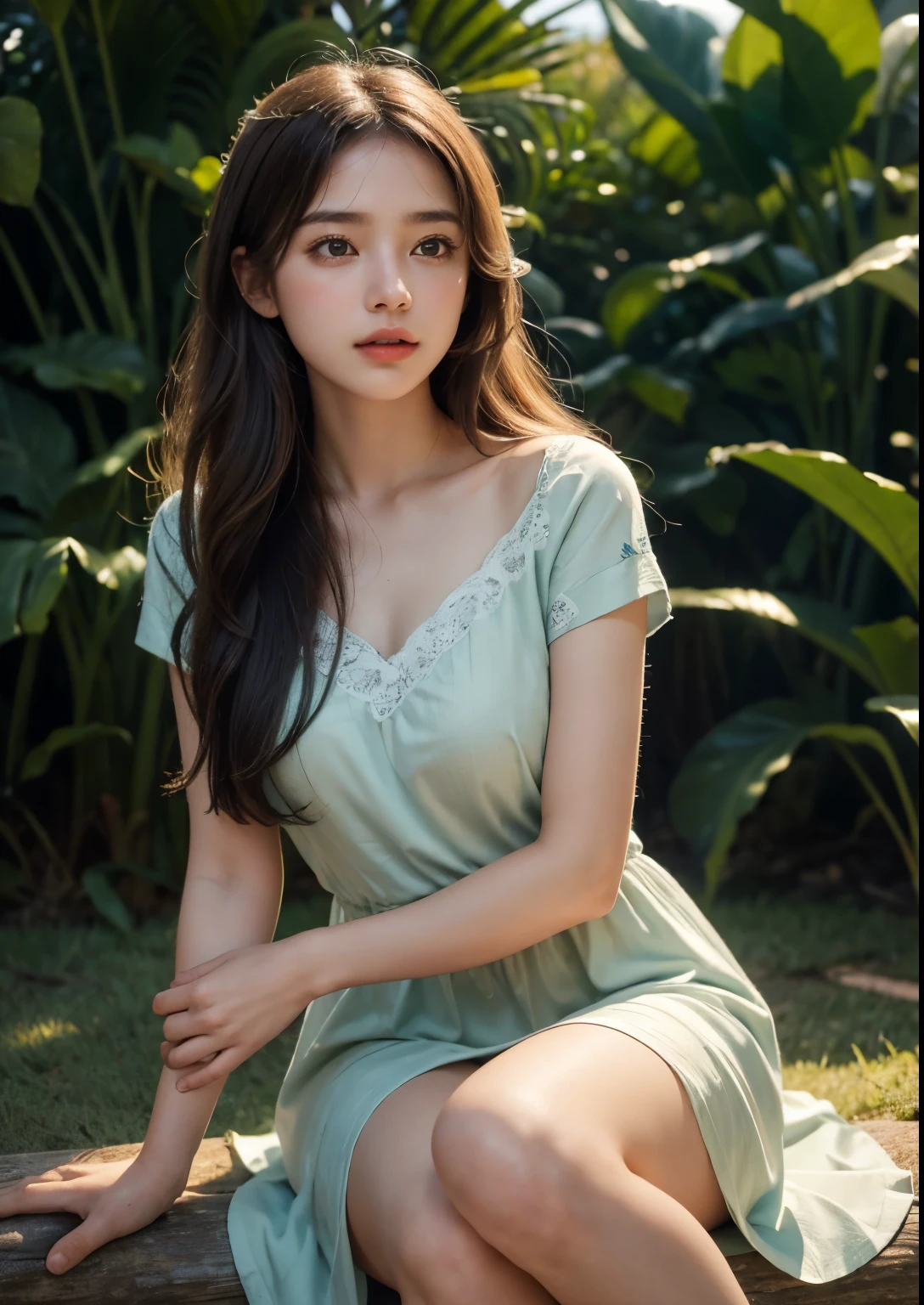 (best quality,4k,8k,highres,masterpiece:1.2),ultra-detailed,(realistic,photorealistic,photo-realistic:1.37),portrait,soft lighting,beautiful detailed eyes, beautiful detailed lips,long eyelashes,dark wavy hair,serene expression,olive skin, seafoam silky t-shirt with above knee length Peach skirt,ornate embroidery,flowing silk fabric,subtle hand gesture,graceful posture, dappled sunlight filtering through the sugarcane leaves,distant mountains and valleys in the background,rustling sound of sugarcane stalks swaying in the breeze,soft warm tones,ethereal atmosphere,sweet aroma of ripening sugarcane,delicate dewdrops glistening on the tips of the leaves,subtle movements of the girl's dress in the wind,peaceful ambience,harmony between the girl and nature, clear Sugarcane sticks, Perfect Sugarcanes