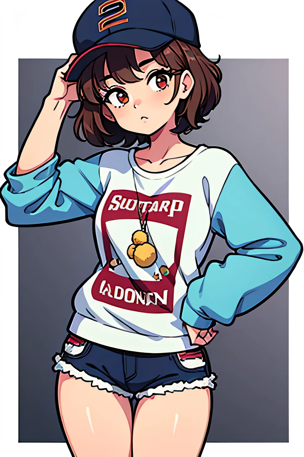 girl with short curly hair 20 years old and hiphop clothes and cap
