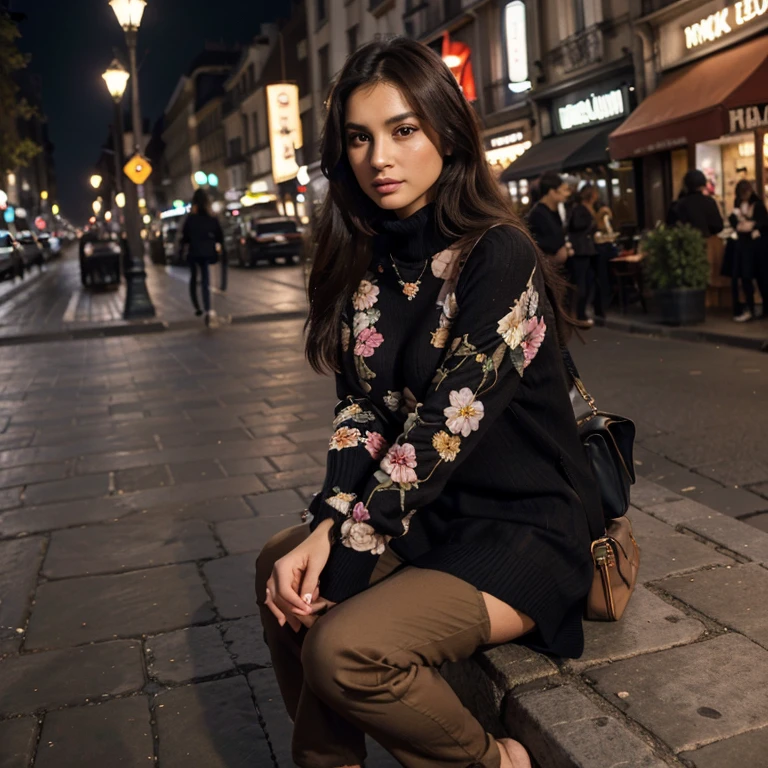 araffe woman in a floral dress sitting on a wooden step, very seductive pose, print ready, pr shoot, seductive pose, julia sarda, sitting with flowers, high res, modeling shoot, portrait image, cute beautiful, hq print, stylish pose, magazine shoot, handsome girl, modeling photography, very pretty model, photoshoot, actress, Pakistani super model 15 Year ageFocus, E-commerce shooting, Best quality at best, official art, cinematic light, Ultra-high resolution, 1个Giant Breast Girl, mature, solo, jewelry, black pants long dark hair, looking at viewer, Sweater, white sweater, brown hair, with brown eyes, background (street of Paris France, cafes, night lights), jacket, black pants, Sleeve over wrist, high-neck sweater, longer sleeves, tart, jake, purse, fashion, Louis Vuitton, Channel, Gucci, Prada, Valentino, looking at the viewer, masterpiece, 8K