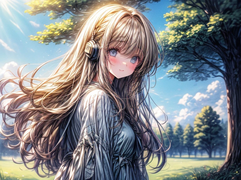 Beautiful and simple girl in 2D, cute and light hair, listening to music in a grass and trees and the background that is blurred and that it is daytime with sun and relaxed atmosphere
