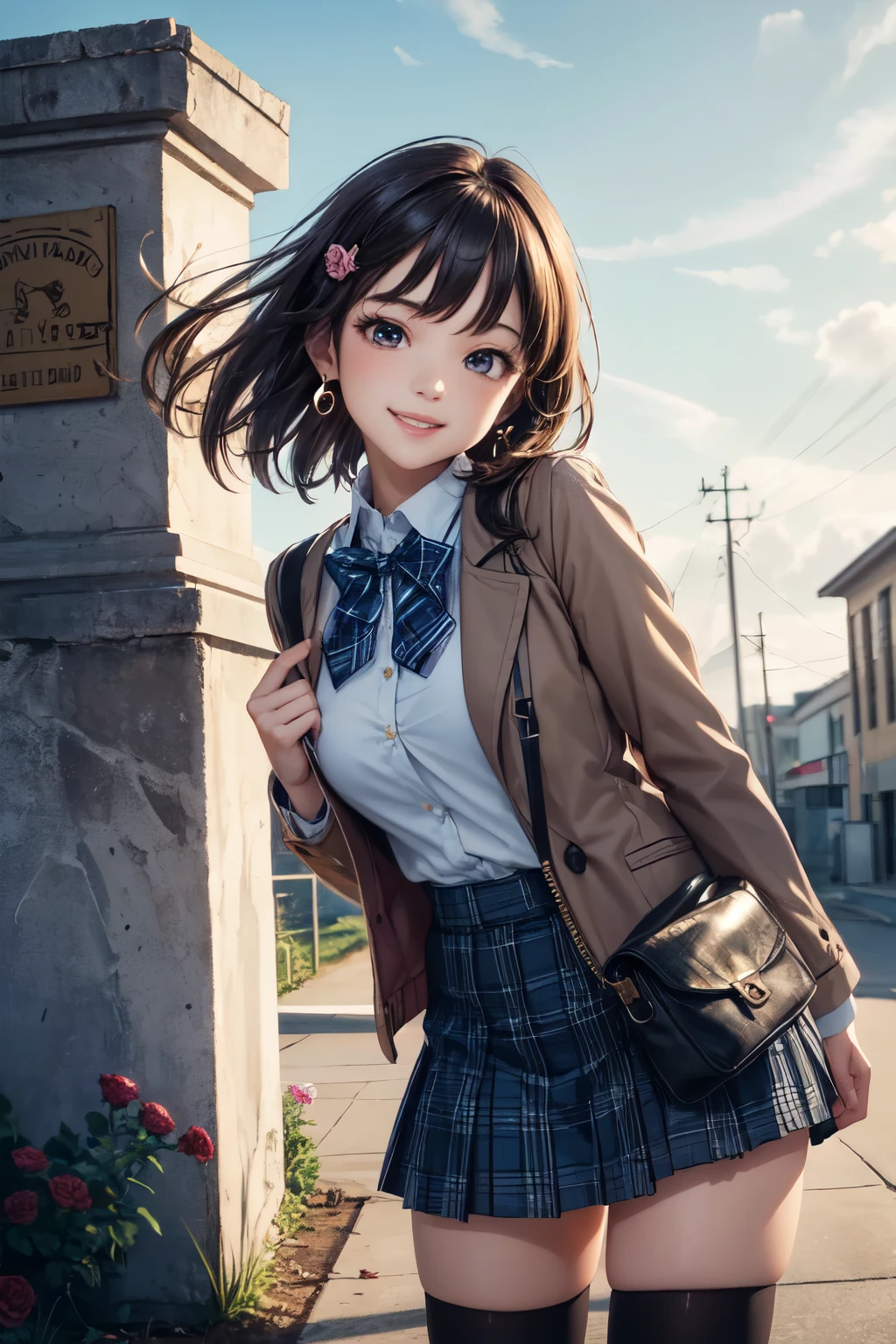 very cute and beautiful girl,teen,(highly detailed beautiful face and eyes),(smile:1.2),happy,cowboy shot,
(brown jacket),collared shirt,plaid bowtie BREAK detailed legs,zettai ryouiki,brown shoulder bag,
stylish pose,hair pin,black hair,(blue plaid mini skirt:1.2),stone gate,school entrance,colorful rose flowers,
(best quality,masterpiece),absurdres,highres,ultra-detailed,extremely detailed,32k,8k resolution,
intricate details,cinematic scene,detailed background,solo,dynamic angle,
hair fluttering in the wind,beautiful detailed sky,