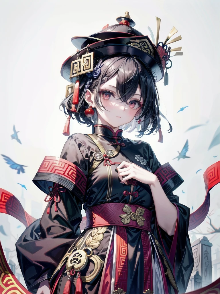 cemetery, dress, braid, chinese clothes, headwear, ofuda, jiangshi, qing guanmao, absurdres, RAW photo, extremely delicate and beautiful, masterpiece, Best Quality, ultra high resolution, 32k, hyperrealistic, ultra-detailed, detailed description, pale skin, 20 years old, tearful mole, earring, Colossal tits, short medium hair, wavy hair, full body shot,