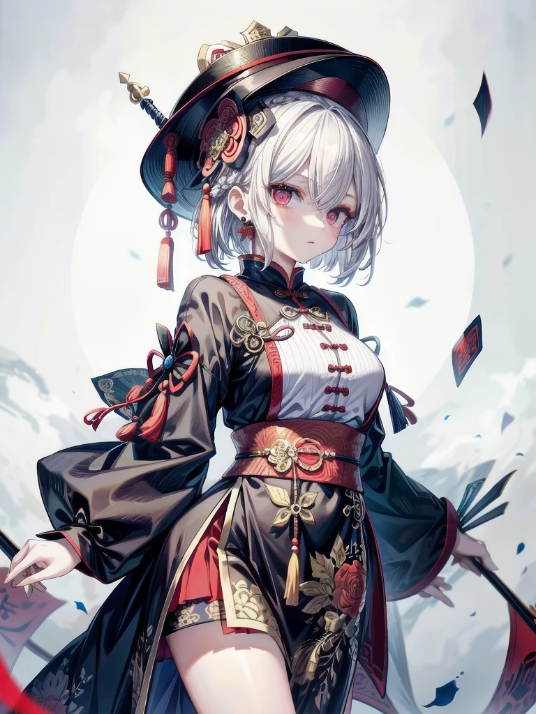 cemetery, dress, braid, chinese clothes, headwear, ofuda, jiangshi, qing guanmao, absurdres, RAW photo, extremely delicate and beautiful, masterpiece, Best Quality, ultra high resolution, 32k, hyperrealistic, ultra-detailed, detailed description, pale skin, 20 years old, tearful mole, earring, Colossal tits, short medium hair, wavy hair, full body shot,