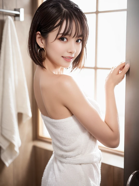 (masterpiece)、(highest quality:1.5)、(16k wallpaper:1.2)、(Photorealistic:1.2)、(Ultra-detailed:1.2)、(超A high resolution:1.2),(Surreal), (High resolution), (Very detailed), (Professional), (Realistic), (Post-processing), (Very detailed),(Sharp focus), Sharp focus:1.2,Photorealistic, Ultra-realistic, Backlight, Bright light, (Improvement of quality:1.4),
Healthy thighs、Narrow waist、Big Ass、(Beautiful legs)、((Perfectly detailed five-fingered hands)),(Anatomically correct body)、((1 female:1.4))、Realistic Skin、(Small chest:1.4),Pretty woman with perfect figure:1.4,(from the front:1.5), (Enhances the beauty of skin texture:1.1),
(Beautiful fine details), (Detailed face),Beautiful realistic face,No makeup、美しいBlack Hair、Super Beauty、The best smile、Natural color lip、Even bangs、((29-year-old woman))、Bob Hair、Hair blowing in the wind, (Black Hair, Iris, Watery eyes, Shining Eyes, Short bob cut hair, Small earrings, Lightly reddish), Hair behind the ear、No makeup、(Drooping eyes)、(Drooping eye corners)、 (A scene where she comes out of the shower room wrapped in a bath towel:1.3),Buckshot,Full Body Shot, (Angle from below:1.3)
