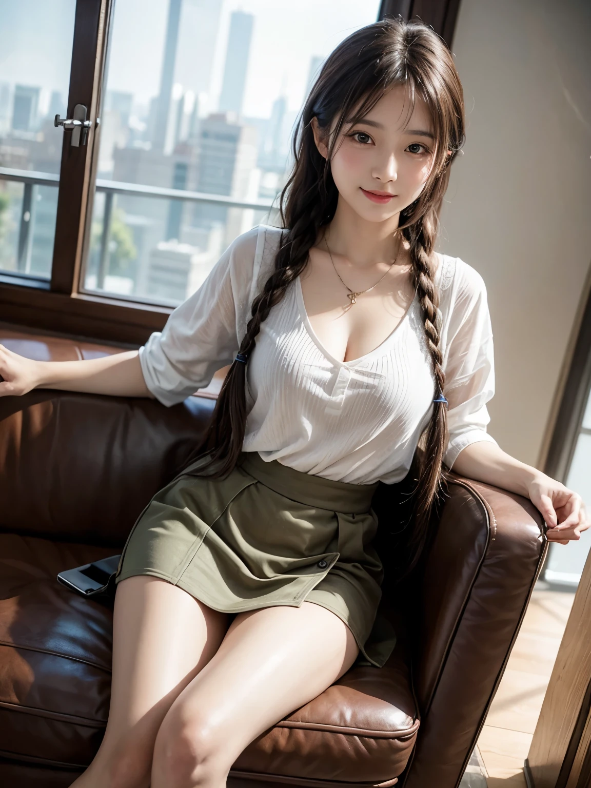 High resolution, highest quality,Very high quality, Very detailed, Surreal, Fantasy, So beautiful and cute, Wavy Hair, mini skirt, 8k wallpaper, The finer details, Very detailed8K壁紙, Cinema Lighting, Sexy pose, (Photorealism: 1.4), Super Detail, masterpiece、Brown long hair、See-through bangs、Braided Hair、Smiling with teeth showing、smile