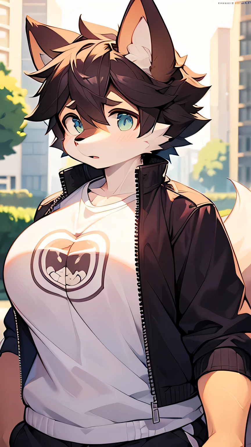 A male wolf,Big Tail,big ear,((HYPER_BREASTS)),Round breasts,((male)),high quality,best quality,high resolution,Super detailed,Perfect breasts,Normal breast structure,Boyfriend,masculine_male,Detailed eyes,cute,Normal body structure,BIG_BREASTS,HUGE_BREASTS,Extra large breasts,((Shota)),masterpiece,artwork,(thin),Upper body close-up,(Too much androgen),puberty,((HYPER_BOOBS)),(((Jacket with T-shirt))),shorts,Detailed background,top quality, High-quality illustrations, masterpiece, Ultra-high resolution, (little boy), (Very detailed and beautiful face and eyes), Perfect anatomical structure, Good lighting, shadow,shota,Shy,bulge,(((HYPER_BULGE))),fuzzy,BIG_BULGE,HUGE_BULGE,There is only one person,(Boys),Masculine,Masculine,Masculine,(Ordinary Boys),Model shooting style,Close Range