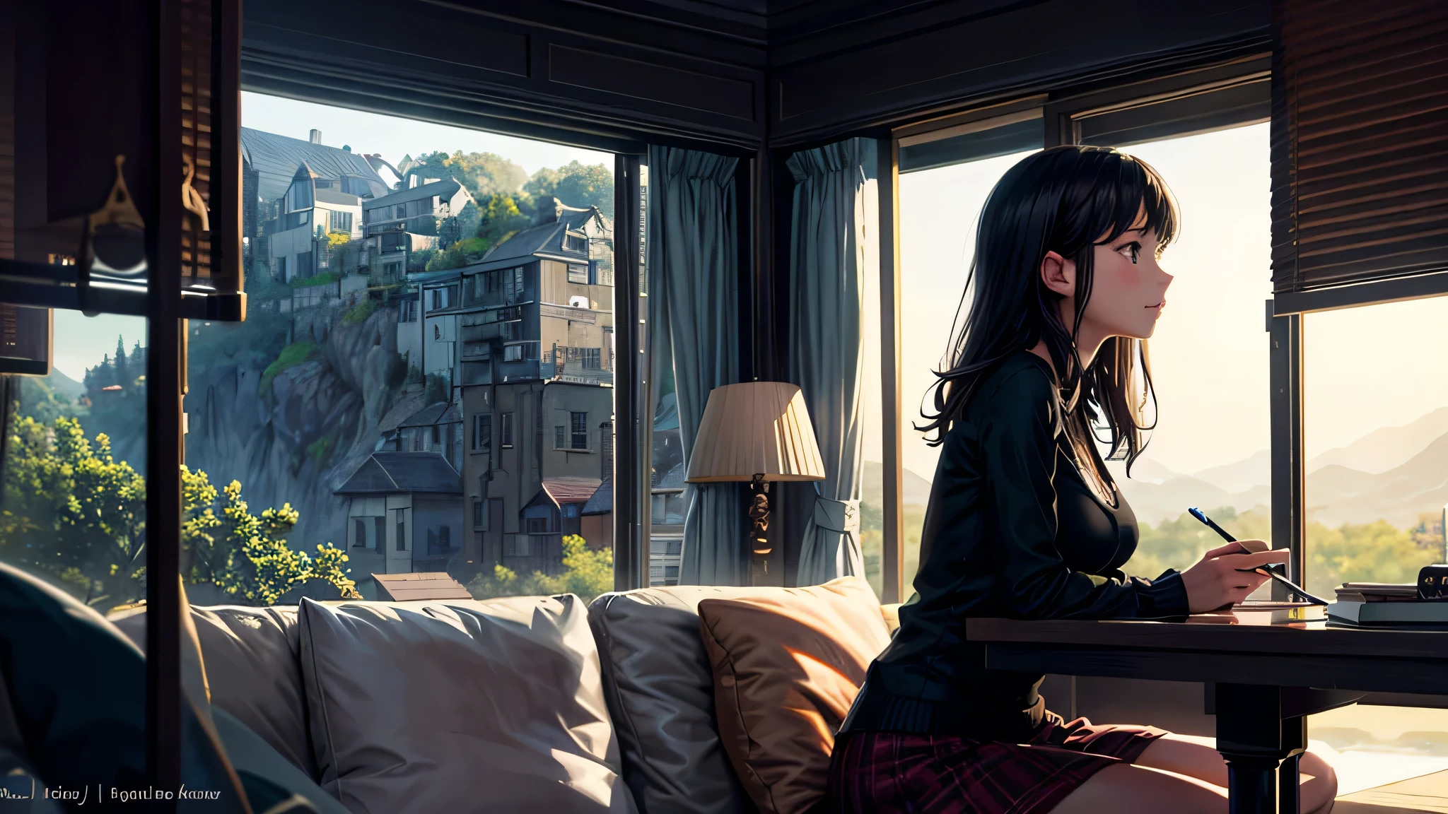 alone, Singular light, woman, midnight, face seen from the side, sideways, cosmic, fantsy, looking away:1.4, adult, busty, Ghibli-like design, living room, sitting, dark hair, studying, Completely, landscape orientation, side view,
