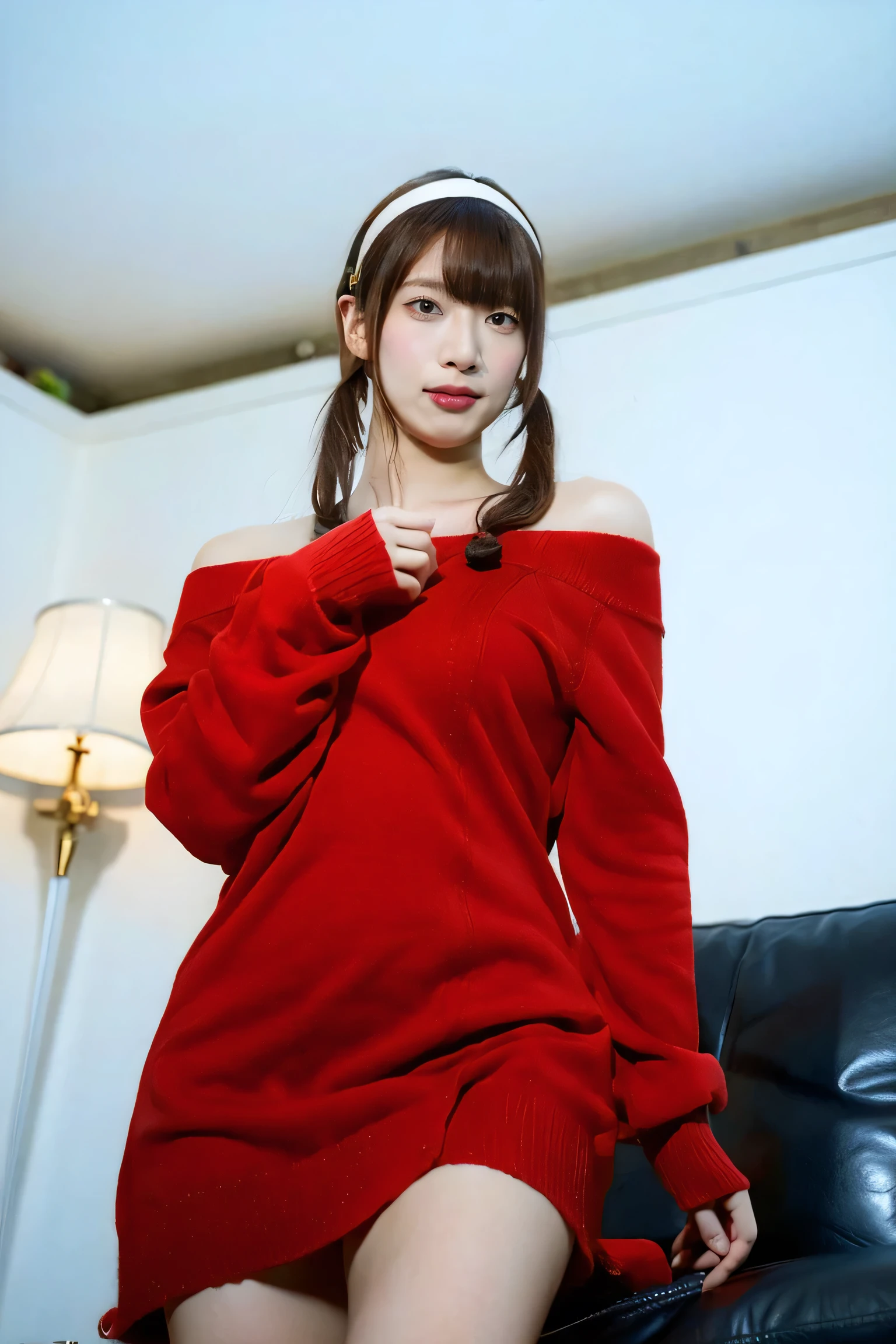 (8k、RAW photo、highest quality、masterpiece:1.2)、(realistic、Photoreal)、1 girl, open legs:1.5,micro skirt,((from below:1.5))，smile,show me panty, small breasts , narrow waist,narrow leags,yor_briar, 1girl, sitting on the sofa, seductive pose, ((portrait, front view, looking at viewer, eye contact)), jewelry, ((white hairband, twintails, sidelocks)), dark hair, (red off-shoulder sweater dress), (red sweater), (off shoulder, bare shoulders), long sleeves, black pantyhose, brown boots, collarbone, detailed face, pale skin,fine textured skin, 
(best quality,masterpiece:1.2),(realistic,photo-realistic:1.4), high resolution,ultra-high detailed,extremely detailed,finely detaied,intricate,extremely delicate and beautiful,official art,CG unity 8k wallpaper,absurdres,huge filesize,beautiful detailed girl, sweet girl, cinematic lighting, ray tracing,
 indoors, living room, apartment, in England,