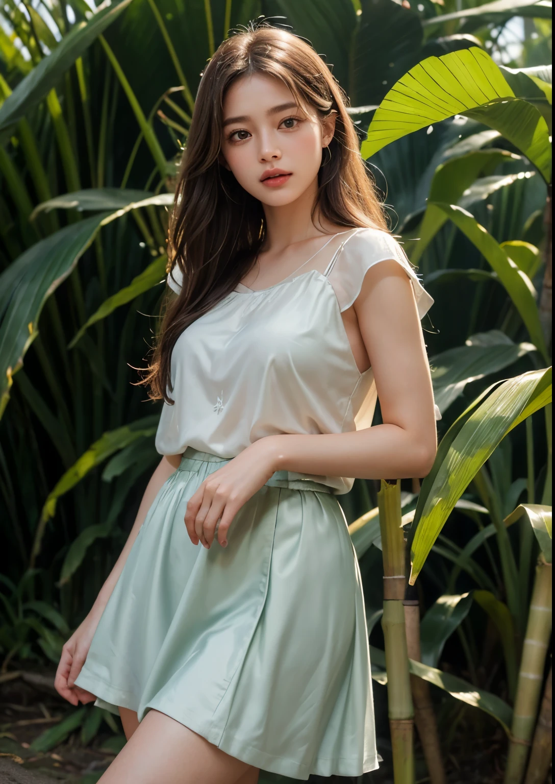 (best quality,4k,8k,highres,masterpiece:1.2),ultra-detailed,(realistic,photorealistic,photo-realistic:1.37),portrait,soft lighting,beautiful detailed eyes, beautiful detailed lips,long eyelashes,dark wavy hair,serene expression,olive skin, ((Standing)),((seafoam glitter silky satin t-shirt with above knee length Peach skirt)), ((Detailed Dress)), ornate embroidery,subtle hand gesture,graceful posture, dappled sunlight filtering through the Sugarcanes,((sugarcane Forming Fields)), (((sugarcane Farming))), rustling sound of sugarcane stalks swaying in the breeze, Sugarcane soft warm tones,ethereal atmosphere,((sweet aroma of ripening sugarcane)),delicate dewdrops glistening on the tips of the leaves,subtle movements of the girl's dress in the wind,peaceful ambience,harmony between the girl and nature, ((clear Sugarcane plants)), Perfect Sugarcanes, ((Big Sugarcane plants)), Stylish Poses, Stylish angles