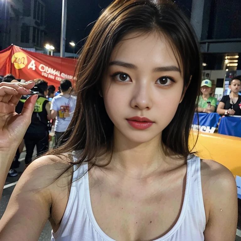 (highest quality、4k、High Resolution、Masterpiece: 1.2)、Super detailed、(Real: 1.37)、Beautiful detailed eyes、Beautiful detailed lips、Intense expression、Sweat、Blooming with determination、Young and incredibly beautiful female marathon runner、During a running race