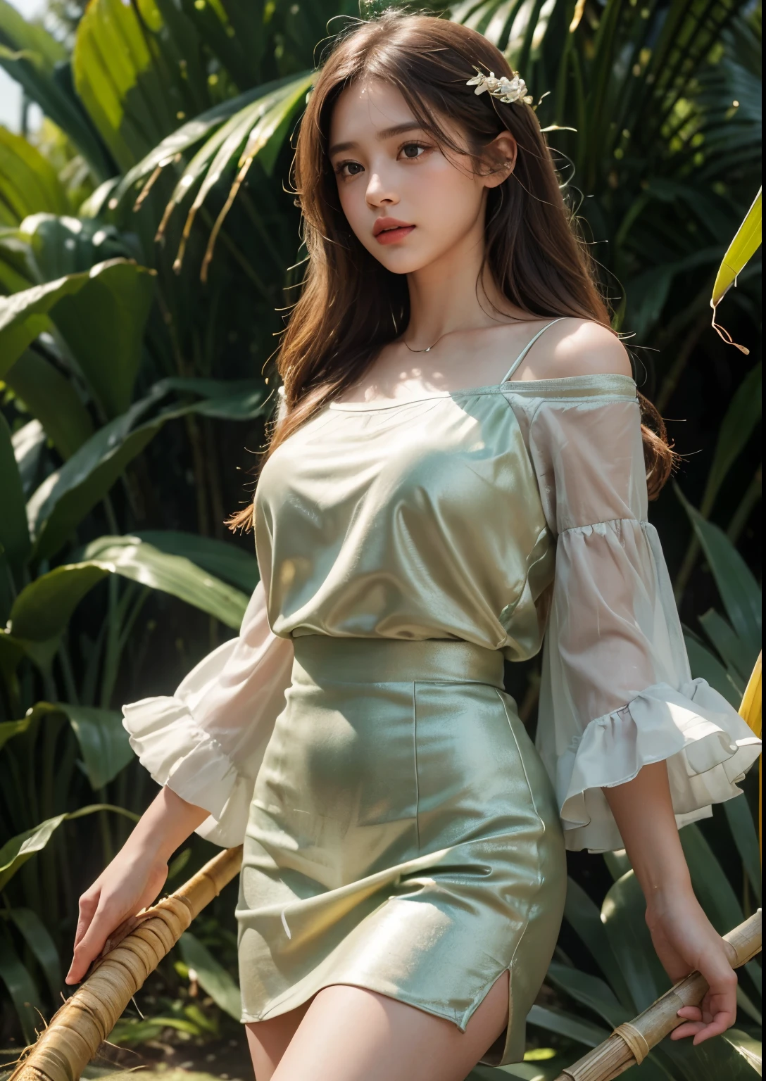(best quality,4k,8k,highres,masterpiece:1.2),ultra-detailed,(realistic,photorealistic,photo-realistic:1.37),portrait,soft lighting,beautiful detailed eyes, beautiful detailed lips,long eyelashes,dark wavy hair,serene expression,olive skin, ((Standing)),((seafoam glitter silky satin t-shirt with above knee length Peach skirt)), ((Detailed Dress)), ornate embroidery,subtle hand gesture,graceful posture, dappled sunlight filtering through the Sugarcanes,((sugarcane Forming Fields)), (((sugarcane Farming))), rustling sound of sugarcane stalks swaying in the breeze, Sugarcane soft warm tones,ethereal atmosphere,((sweet aroma of ripening sugarcane)),delicate dewdrops glistening on the tips of the leaves,subtle movements of the girl's dress in the wind,peaceful ambience,harmony between the girl and nature, ((clear Sugarcane plants)), Perfect Sugarcanes, ((Big Sugarcane plants)), Stylish Poses, Stylish angles 