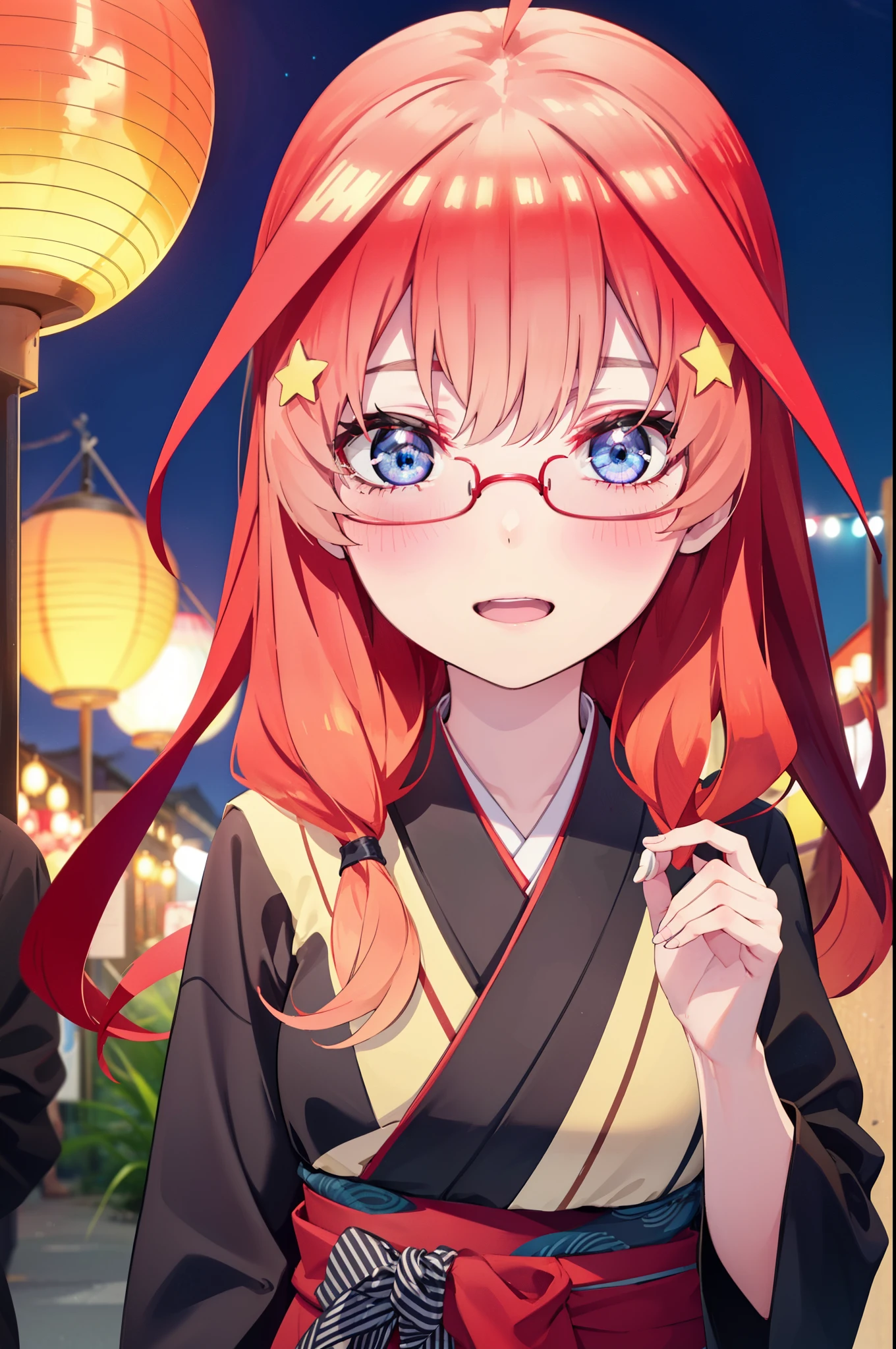 itsukinakano, Itsuki Nakano, bangs, blue eyes, Hair between the eyes, Ahoge, Redhead, star \(symbol\), hair ornaments, star hair ornaments,Akagi glasses,smile,blush,Happy atmosphere,Open your mouth,Long Hair,Tie your hair back,red kimono,Thick sleeves,Sandals,White tabi,night空の花火,Fireworks display,Japanese Festivals,Summer festival food stalls,Red Lantern, night,whole bodyがイラストに入るように,
break outdoors, shrine,                                              break looking at viewer,whole body,
break (masterpiece:1.2), highest quality, High resolution, unity 8k wallpaper, (shape:0.8), (Beautiful and beautiful eyes:1.6), Highly detailed face, Perfect lighting, Extremely detailed CG, (Perfect hands, Perfect Anatomy),