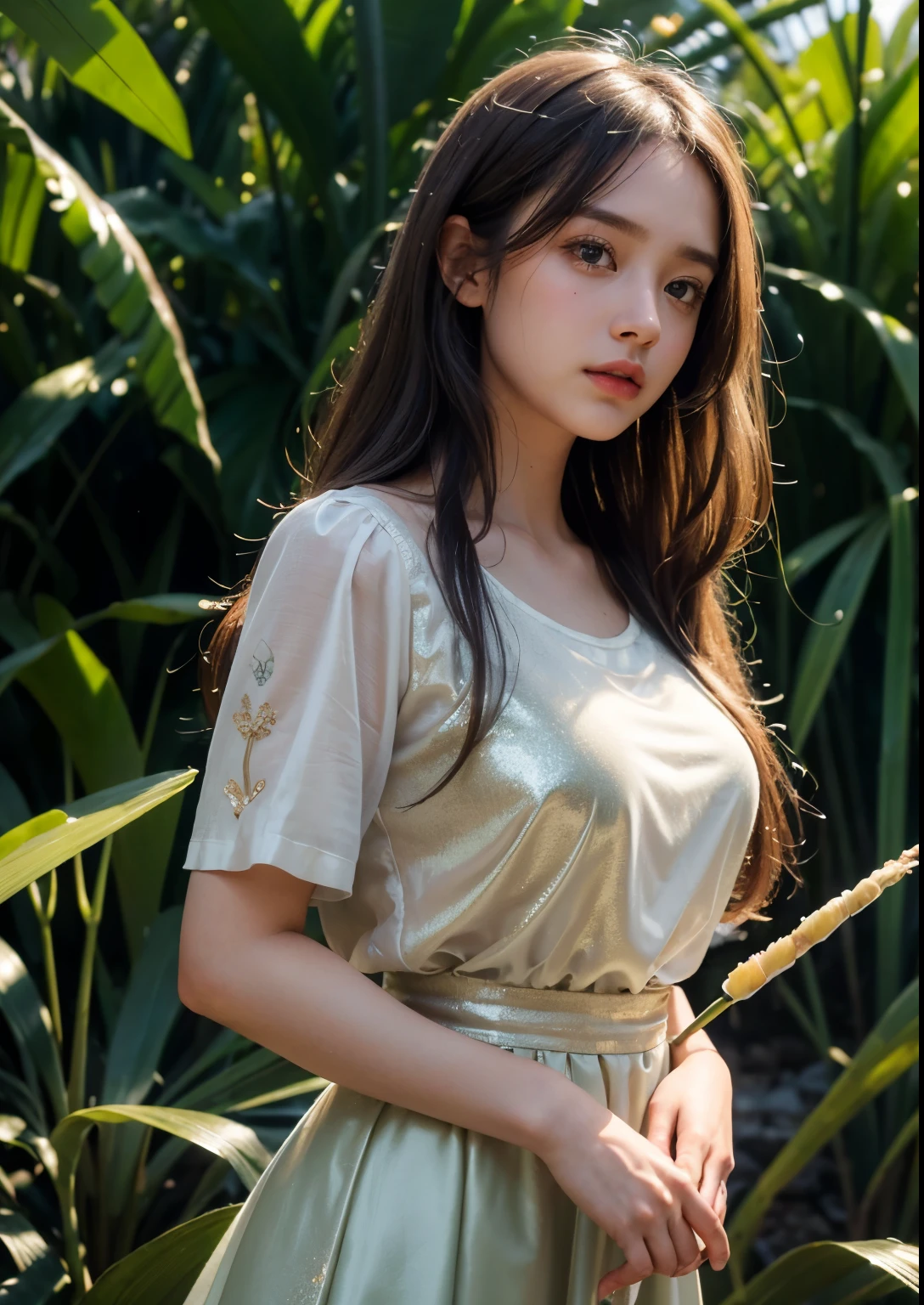 (best quality,4k,8k,highres,masterpiece:1.2),ultra-detailed,(realistic,photorealistic,photo-realistic:1.37),portrait,soft lighting,beautiful detailed eyes, beautiful detailed lips,long eyelashes,dark wavy hair,serene expression,olive skin, ((Standing)),((seafoam glitter silky satin t-shirt with above knee length Peach skirt)), ((Detailed Dress)), ornate embroidery,subtle hand gesture,graceful posture, dappled sunlight filtering through the Sugarcanes,((sugarcane Forming Fields)), (((sugarcane Farming))), rustling sound of sugarcane stalks swaying in the breeze, Sugarcane soft warm tones,ethereal atmosphere,((sweet aroma of ripening sugarcane)),delicate dewdrops glistening on the tips of the leaves,subtle movements of the girl's dress in the wind,peaceful ambience,harmony between the girl and nature, ((clear Sugarcane plants)), Perfect Sugarcanes, ((Big Sugarcane plants)), Stylish Poses, Stylish angles