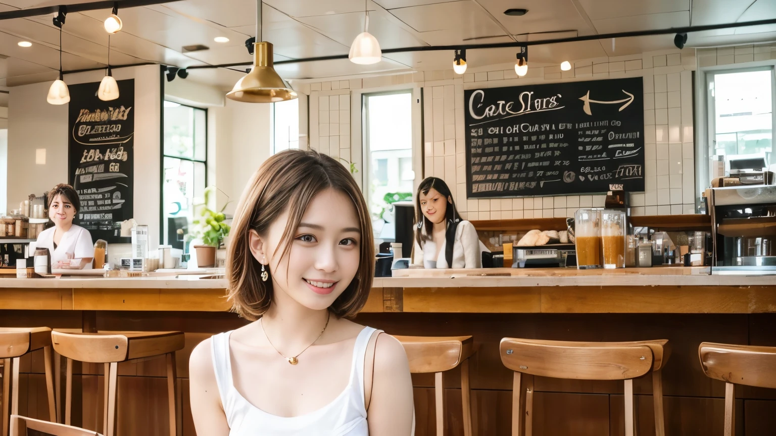 super high quality, Short Hair, Slender, Gravure photoshoot, The staff is working at the counter in the back., (8k、RAW Photos、highest quality、masterpiece:1.2), Japanese Idol, Shaggy, Sportswear, Stylish café, The cafe is crowded with people enjoying themselves., (Realistic、Photorealistic:1.37), Mesh Hair, Urban Cafe, Golden Ratio, Raw photo, Cute face , Light Brown Hair, Earrings, Small breasts, Bright cafe interior, Spring Clothes, necklace, Spoiled, Cafe Terrace, Open Cafe, Open Cafeの前に高級車, Smile, Hair blowing in the wind, Neat clothes, 18-year-old, younger sister,