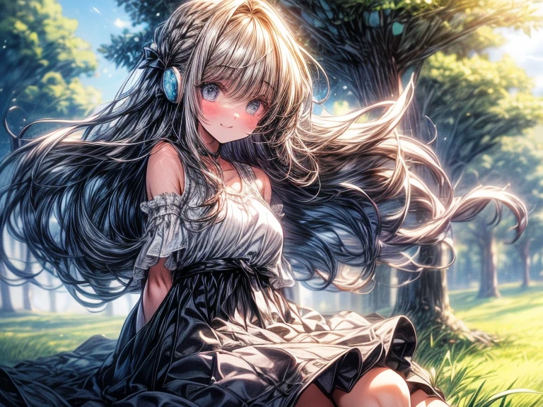 Beautiful and simple girl in 2D, cute and cute hair, listening to music in a grass and trees and the background that is blurred and that it is daytime with sun and relaxed atmosphere