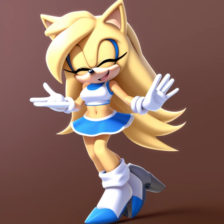 Female, Hedgehog, blonde fur,fluffy fur,bright blue eyes, fluffy blonde fur, standing, (((VERY long blonde quills/hair)))hill background,white crop top with boob window,average sized breast,midriff,small white skirt dress,white heels, white gloves, blue rings,eyelids close upside,  smiling, waving with one hand(facing viewer)eyes closed,smiling expression,waving viewer with one hand