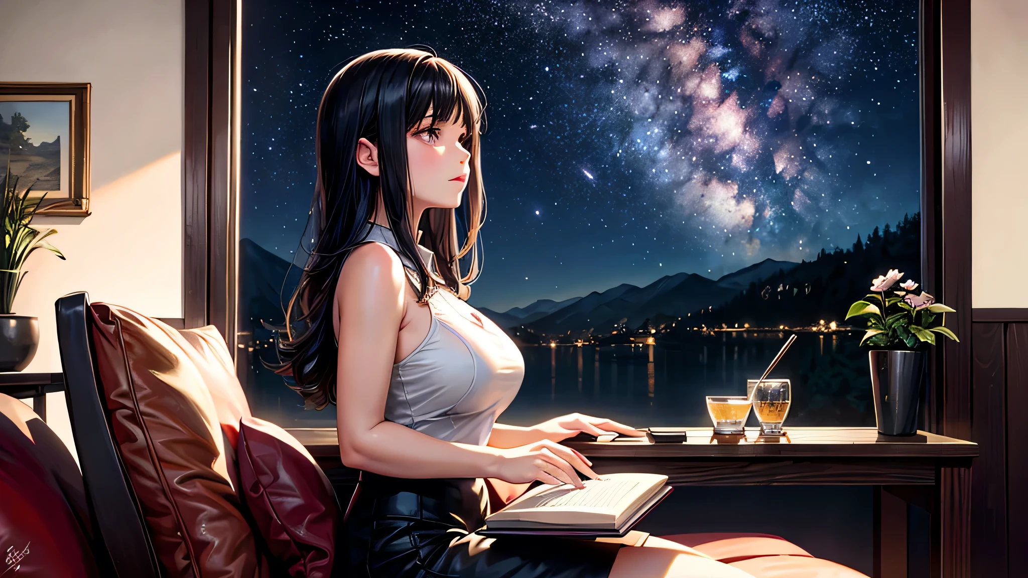 alone, Singular light, woman, midnight, face seen from the side, sideways, cosmic, fantsy, looking away:1.4, adult, busty, Ghibli-like design, living room, sitting, dark hair, studying, Completely, landscape orientation, side view,