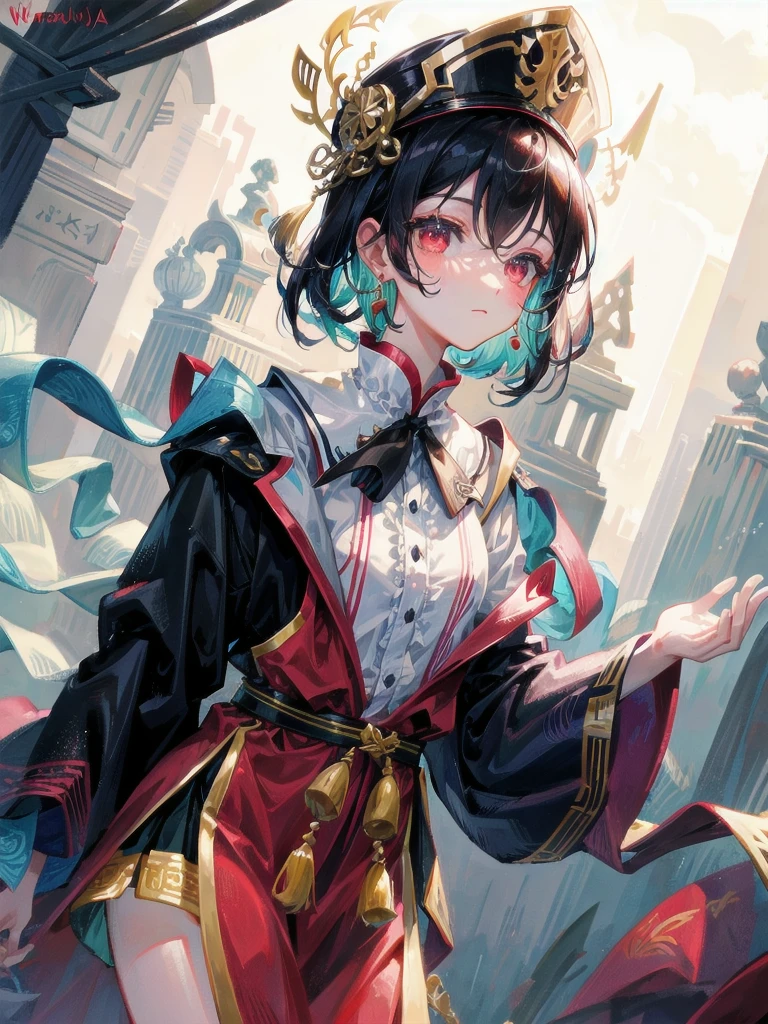 cemetery, dress, braid, chinese clothes, headwear, ofuda, jiangshi, qing guanmao, absurdres, RAW photo, extremely delicate and beautiful, masterpiece, Best Quality, ultra high resolution, 32k, hyperrealistic, ultra-detailed, detailed description, pale skin, 20 years old, tearful mole, earring, Colossal tits, short medium hair, wavy hair, whole body shot,