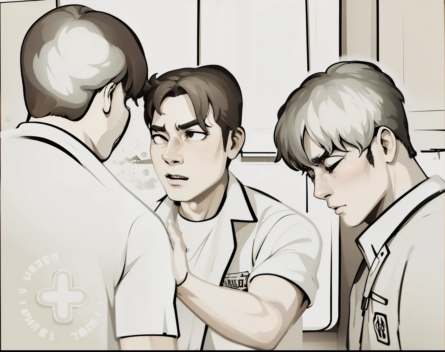 hay tres chicos  esta  molestos disgustados se enfrentan se quieren golpear