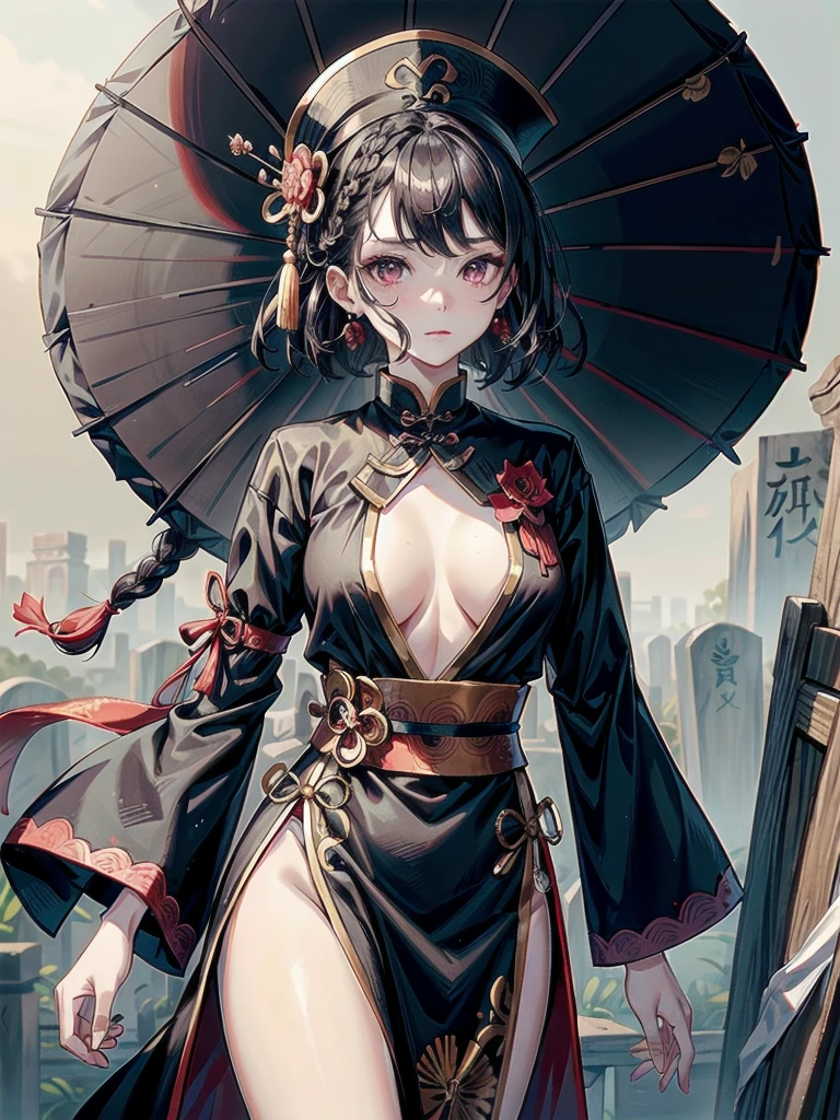 cemetery, dress, braid, chinese clothes, headwear, ofuda, jiangshi, qing guanmao, absurdres, RAW photo, extremely delicate and beautiful, masterpiece, Best Quality, ultra high resolution, 32k, hyperrealistic, ultra-detailed, detailed description, pale skin, 20 years old, tearful mole, earring, Colossal tits, short medium hair, wavy hair, whole body shot,