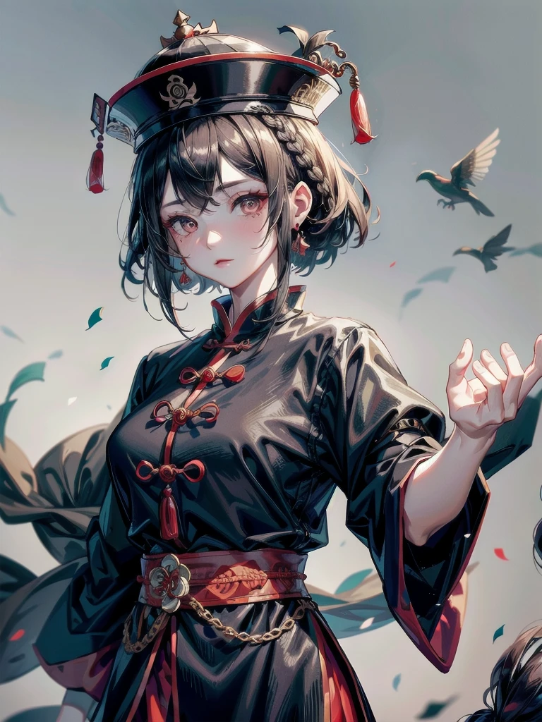 cemetery, dress, braid, chinese clothes, headwear, ofuda, jiangshi, qing guanmao, absurdres, RAW photo, extremely delicate and beautiful, masterpiece, Best Quality, ultra high resolution, 32k, hyperrealistic, ultra-detailed, detailed description, pale skin, 20 years old, tearful mole, earring, Colossal tits, short medium hair, wavy hair, whole body shot,