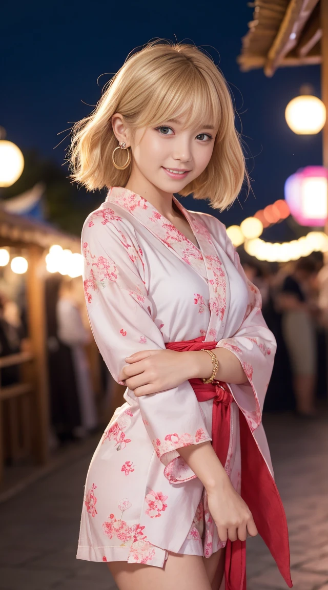 flying debris、highest quality、An illustration、highest quality、got it、High resolution、8k wallpaper、Perfect dynamic composition、(((Ezvian Everywhere)))、((From below))、Beautiful and cute 20 year old girl、Beautiful face in every detail、Delicate and cute eyes、Fine skin、Red cheeks.、shy、(Semi-short hair:1.3)、(wavy blonde hair)、Small breasts、Bold sexy pose、smile、Small breasts、Between the legs、Small Ass、Thin butt、Generated on the eaves.、Narrow shoulders、wavy blonde hair、blonde、Heart-shaped earrings、smile、、Gold Bracelets、Summer festival、in yukata、Wear a yukata with a large floral pattern、Wide pink obi、Tie your hair back、Fireworks Festival Venue、night、Fireworks in the background、