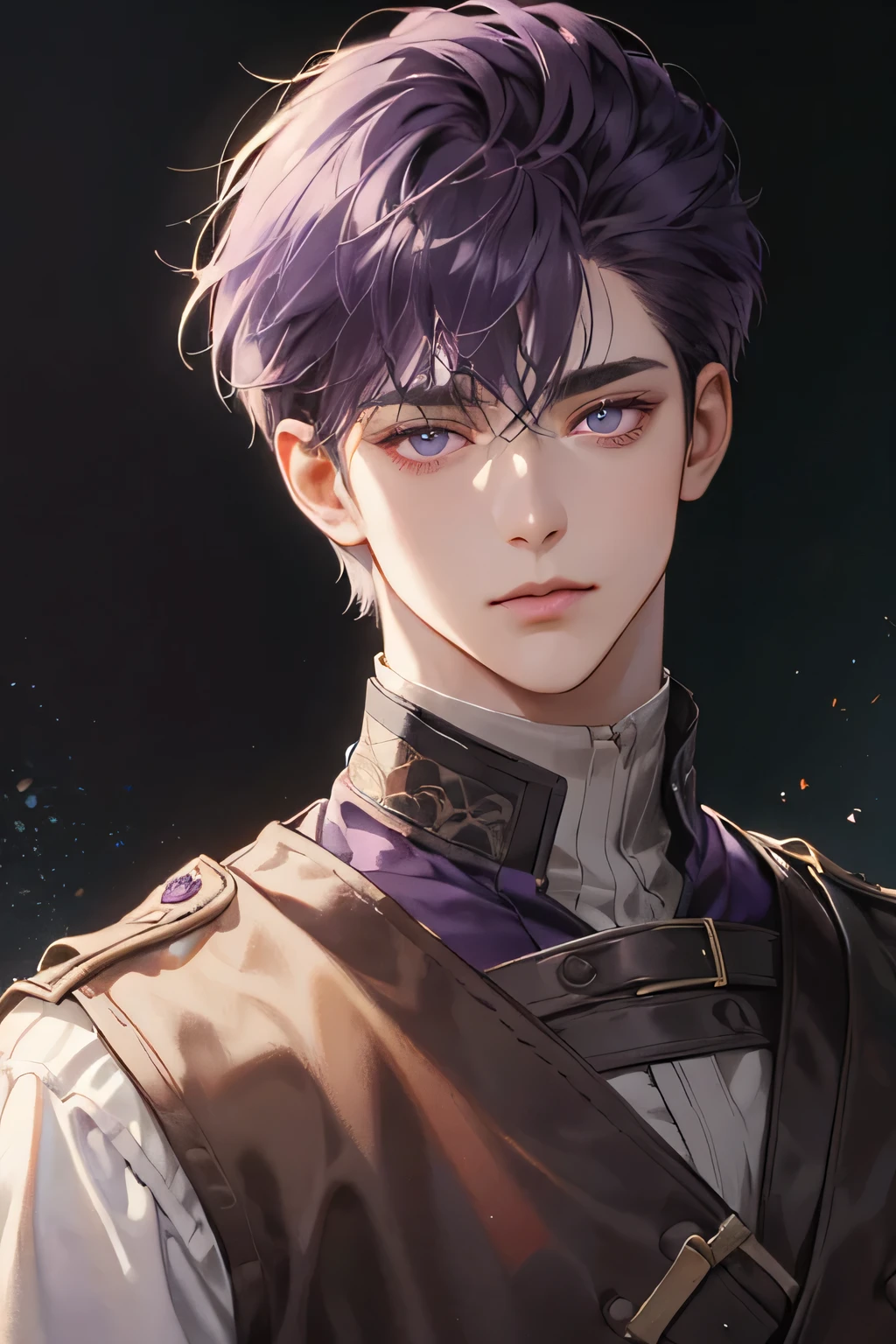 (Best quality),adult,1 man, male, mature, very tall, elegant, (((very short dark purple hair))), purple eyes, perfect eyes, dark purple hair, medieval fantasy style clothing,  richly textured background, soft lighting, portrait style, painting style, deep colors