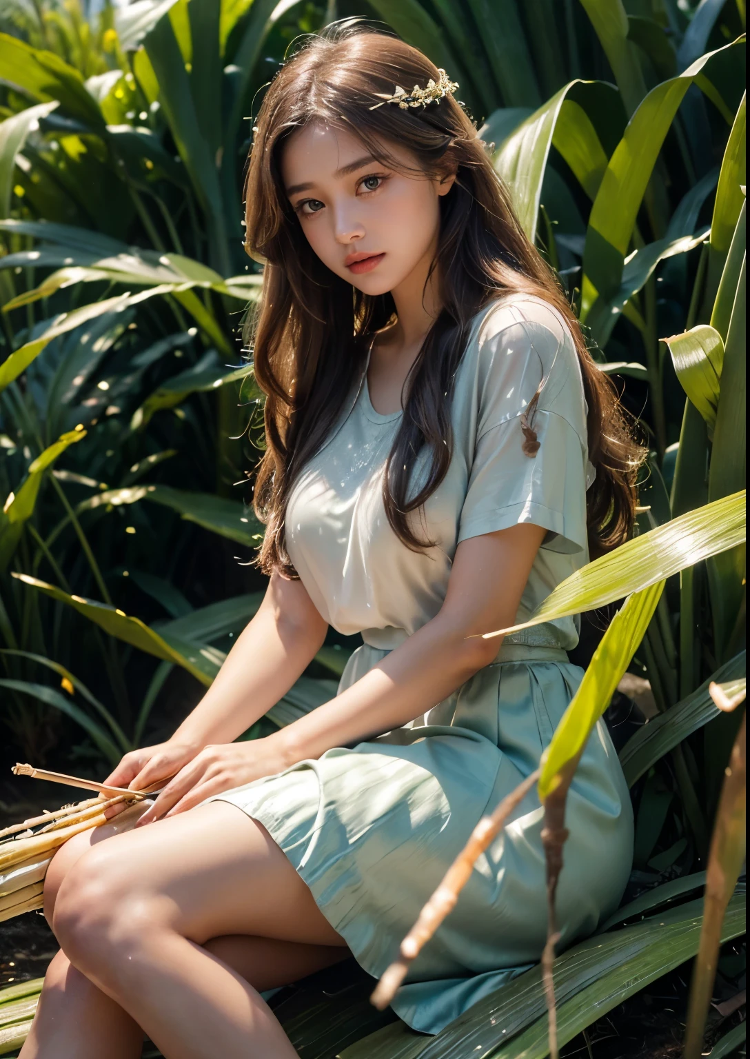 (best quality,4k,8k,highres,masterpiece:1.2),ultra-detailed,(realistic,photorealistic,photo-realistic:1.37),portrait,soft lighting,beautiful detailed eyes, beautiful detailed lips,long eyelashes,dark wavy hair,serene expression,olive skin, ((Standing)),((seafoam glitter silky satin t-shirt with above knee length Peach skirt)), ((Detailed Dress)), ornate embroidery,subtle hand gesture,graceful posture, dappled sunlight filtering through the Sugarcanes,((sugarcane Forming Fields)), ((((sugarcane Farming)))),((((fresh and eatable Sugarcanes)))), rustling sound of sugarcane stalks swaying in the breeze, Sugarcane soft warm tones,ethereal atmosphere,((sweet aroma of ripening sugarcane)),delicate dewdrops glistening on the tips of the leaves,subtle movements of the girl's dress in the wind,peaceful ambience,harmony between the girl and nature, ((clear Sugarcane plants)), Perfect Sugarcanes, ((Big Sugarcane plants)), Stylish Poses, Stylish angles, (((Full Body shot))), (((Closeup shot)))