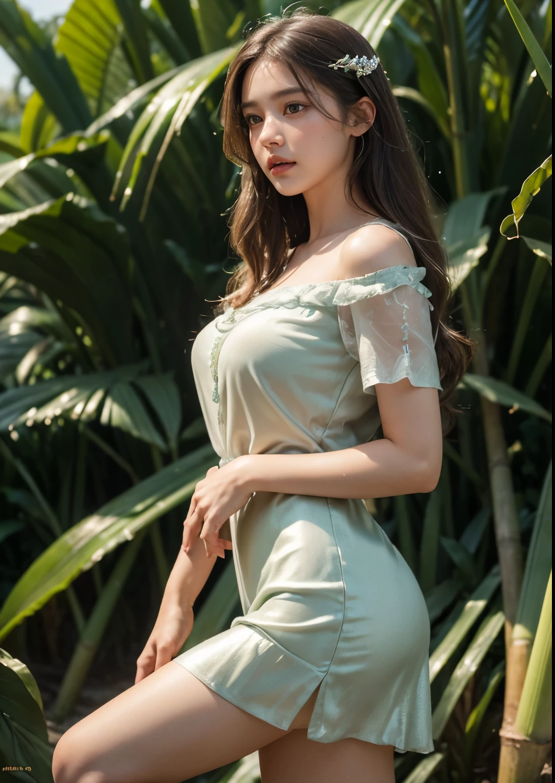 (best quality,4k,8k,highres,masterpiece:1.2),ultra-detailed,(realistic,photorealistic,photo-realistic:1.37),portrait,soft lighting,beautiful detailed eyes, beautiful detailed lips,long eyelashes,dark wavy hair,serene expression,olive skin, ((Standing)),((seafoam glitter silky satin t-shirt with above knee length Peach skirt)), ((Detailed Dress)), ornate embroidery,subtle hand gesture,graceful posture, dappled sunlight filtering through the Sugarcanes,((sugarcane Forming Fields)), ((((sugarcane Farming)))),((((fresh and eatable Sugarcanes)))), rustling sound of sugarcane stalks swaying in the breeze, Sugarcane soft warm tones,ethereal atmosphere,((sweet aroma of ripening sugarcane)),delicate dewdrops glistening on the tips of the leaves,subtle movements of the girl's dress in the wind,peaceful ambience,harmony between the girl and nature, ((clear Sugarcane plants)), Perfect Sugarcanes, ((Big Sugarcane plants)), Stylish Poses, Stylish angles, (((Full Body shot))), (((Closeup shot)))