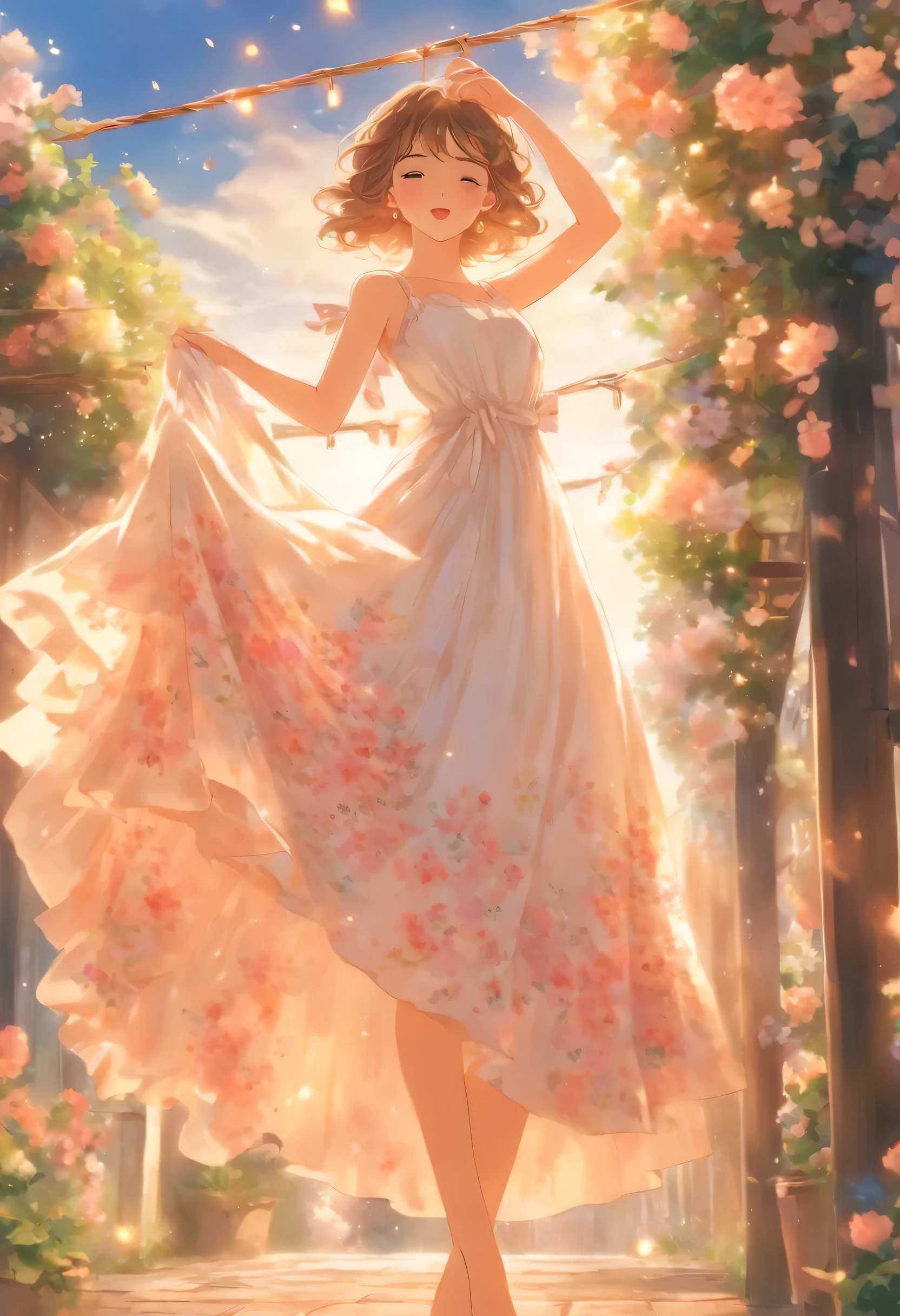 A woman in a white dress is hanging a white dress on a clothesline, Romantic Dress, Wearing a long floral dress, Floral Dress, dressed in a Floral Dress, loose fitting dress, Wearing a pink floral gown, wearing in a Summer Dresses, Wearing a dress, Bae Suzy, Woman in a sparkling floral dress, Feminine girly dress, Summer Dresses, wearing a loose fitting dress, Wearing a dress