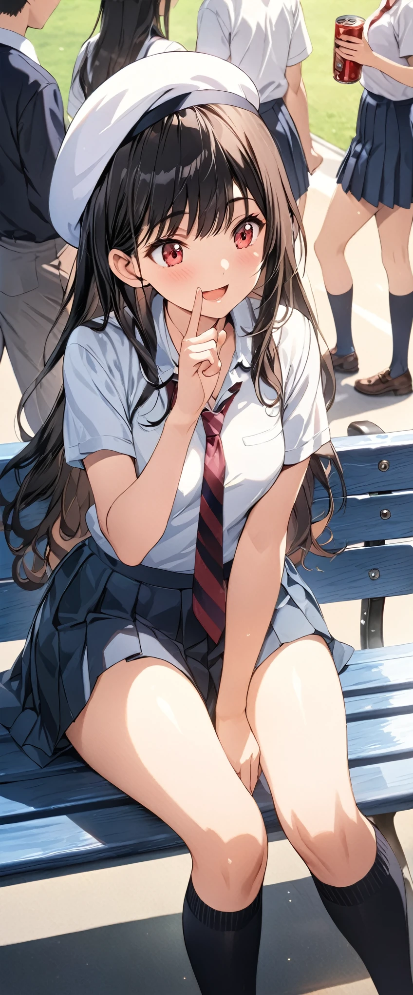 (masterpiece, best_quality), extremely detailed CG unity 8k wallpaper, super fine illustration, (anime_style), Woman posing for a photo, A shy smile, Small open mouth, Long Hair, Straight hair, Fine skin, Beautiful Hands, Beautiful fingers, Wearing a beret, tie, Small breasts, Short sleeve blouse, Pleated skirt, Thighs, Absolute area, Knee socks, Daytime, Hot summer day, School, Schoolyard, Sitting on a bench, holding Canned juice, Natural light, Detailed face:1.2, Sharp focus, Hasselblad Photos, masterpiece, light makeup, Cinematic lighting, 4k, sharpness, Anime Style, whole body, Canned juice, BREAK looking at another, perfect anatomy, perfect body, (perfect arms), (perfect hands, perfect fingers), perfect legs, perfect feet, perfect toes, 5_fingers, (4_fingers,1_thumbs),