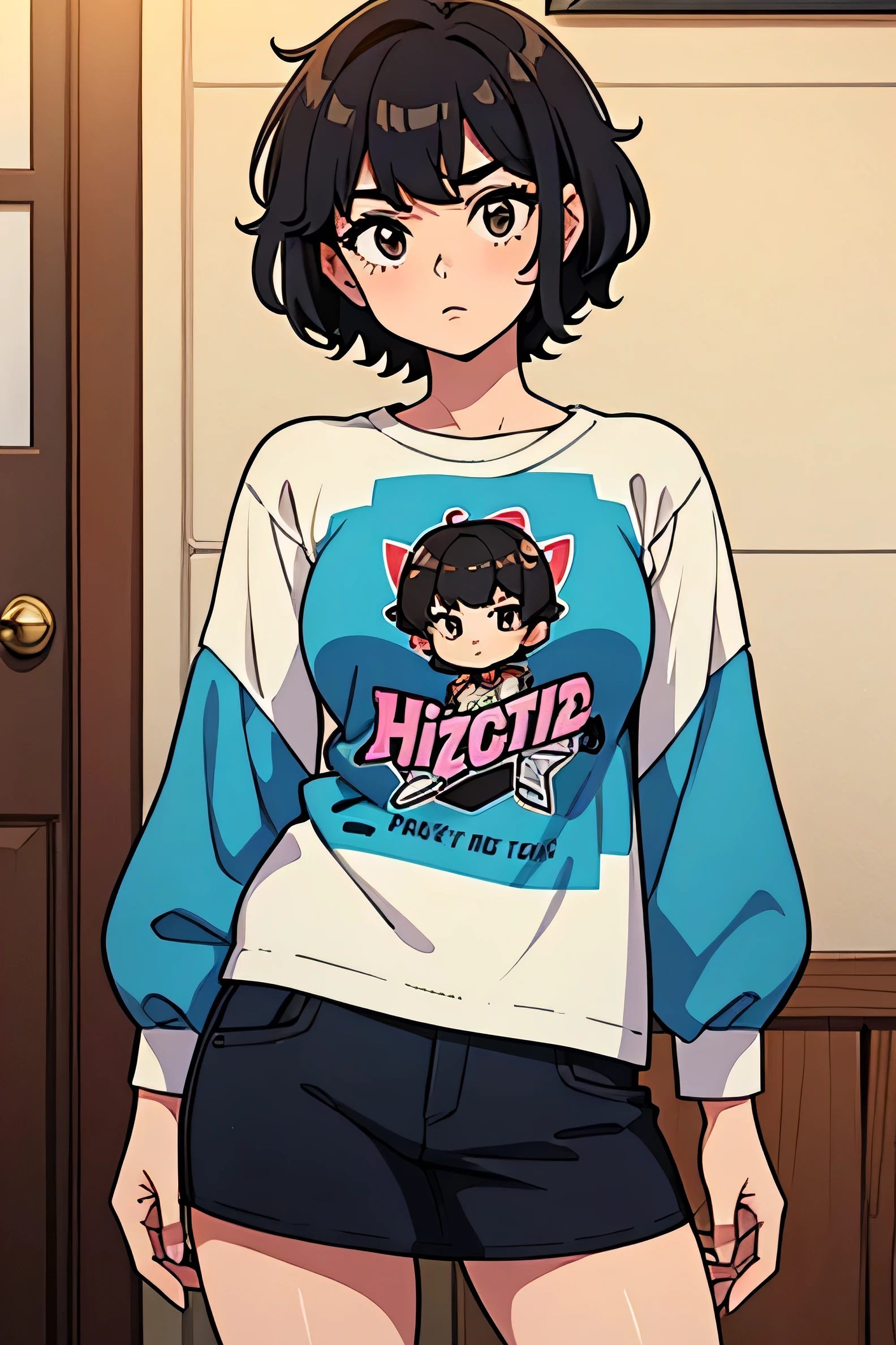 girl with short curly hair 20 years old and hiphop clothes and ziggarette