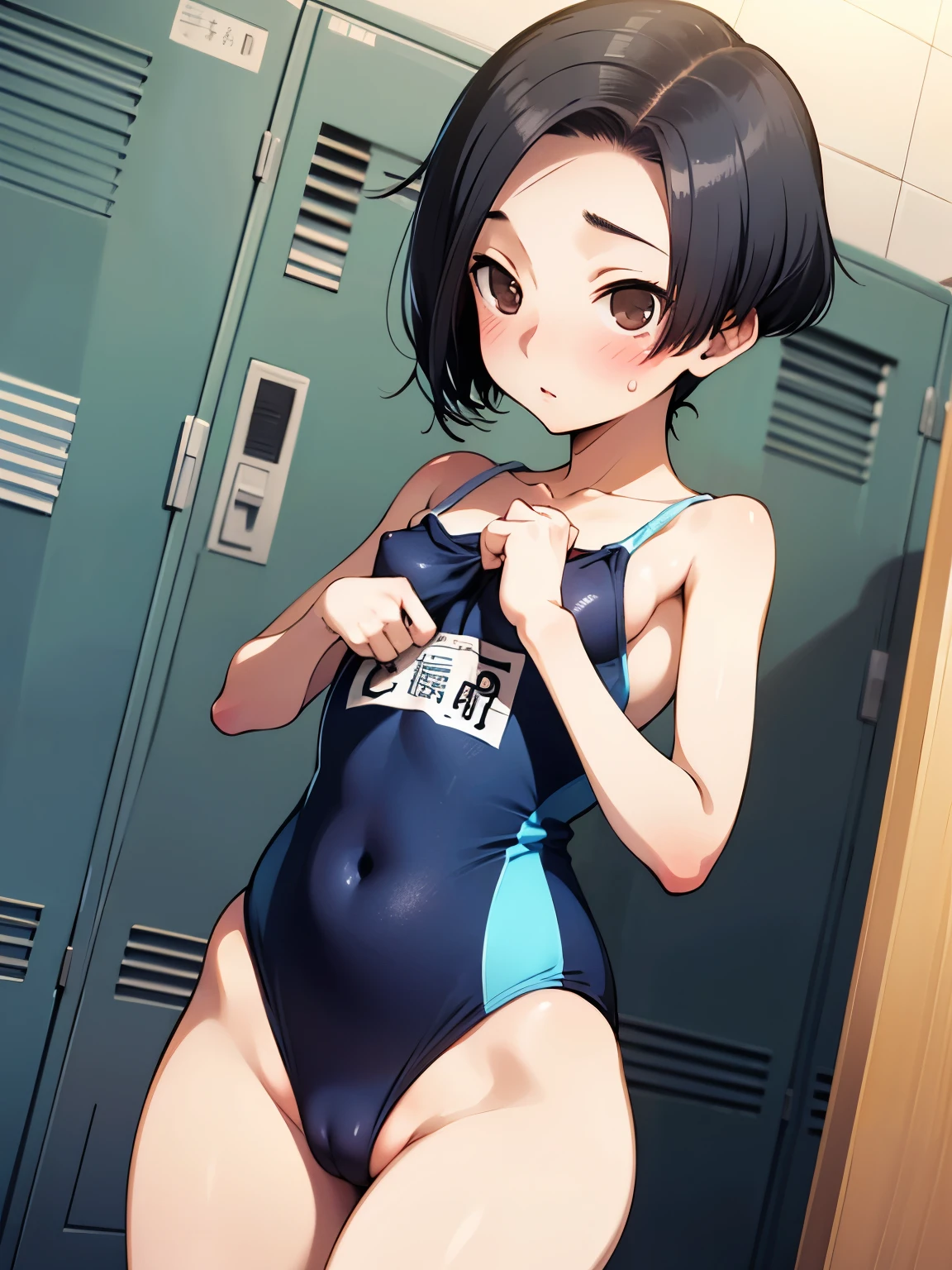 NSFW,Aarinko、short hair、Black Hair、Bobcut、Swimsuit,High leg swimsuit,Embarrassed,blush,(Perfect hands),(Perfect Anatomy),(masterpiece),(highest quality),Looking up,Lonely look,School,locker room,looking at the camera,Look Up