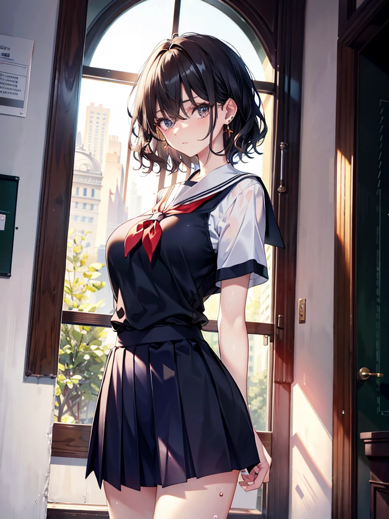 absurdres, RAW photo, extremely delicate and beautiful, masterpiece, Best Quality, ultra high resolution, 32k, hyperrealistic, ultra-detailed, perfect anatomy, anatomically correct, perfect figure, super Detailed skin, 20 years old, very Slim body, narrow waist, very small head, very small face, delicate facial features, detailed face, detailed eyes, tearful mole, earring, thin legs, bare legs, ((very huge round breasts)), short medium hair, ((wavy hair)), wet clothes, ((school uniform)),