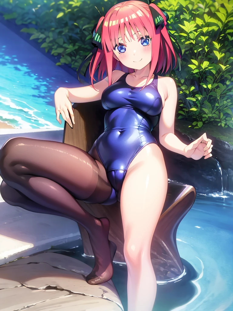 best quality, ultra-detailed masterpiece, nino nakano, one-piece swimsuit, breasts, pantyhose, blush, smile,