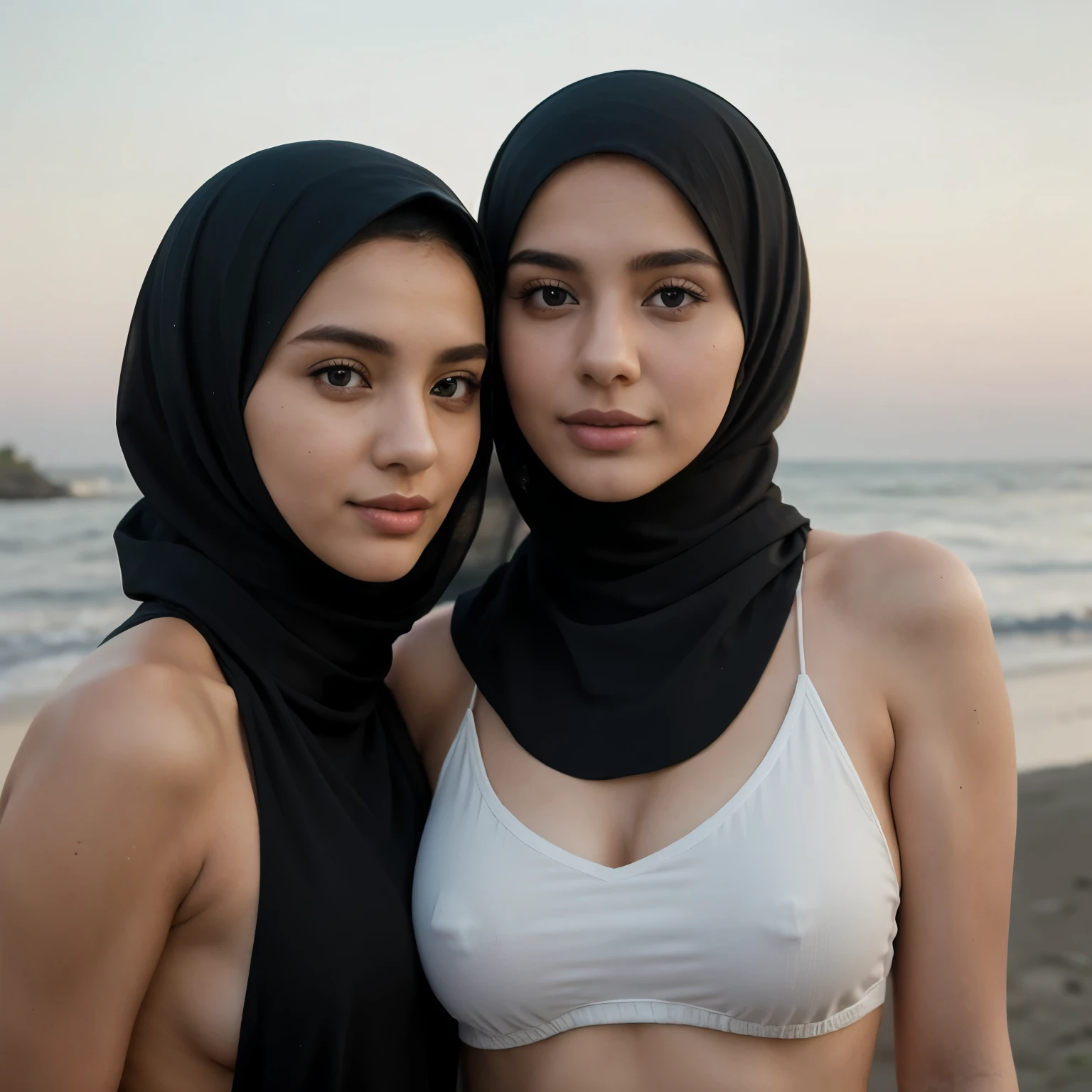 Masterpiece、highest quality、high resolution、Annabelle and Tara, two best friends, 23 years old, Younger headshot, looking muslim, Islamic pose, Beautiful girl, black hijab clothing, burka, with best friend, wearing black hijab attire, toned body, perfect body, perfect angle, seaside bright background