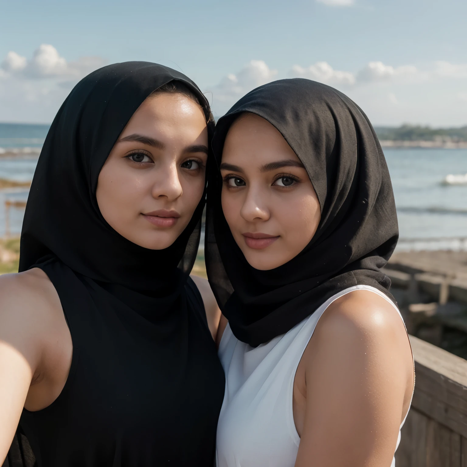 Masterpiece、highest quality、high resolution、Annabelle and Tara, two best friends, 23 years old, Younger headshot, looking muslim, Islamic pose, Beautiful girl, black hijab clothing, burka, with best friend, wearing black hijab attire, toned body, perfect body, perfect angle, seaside bright background
