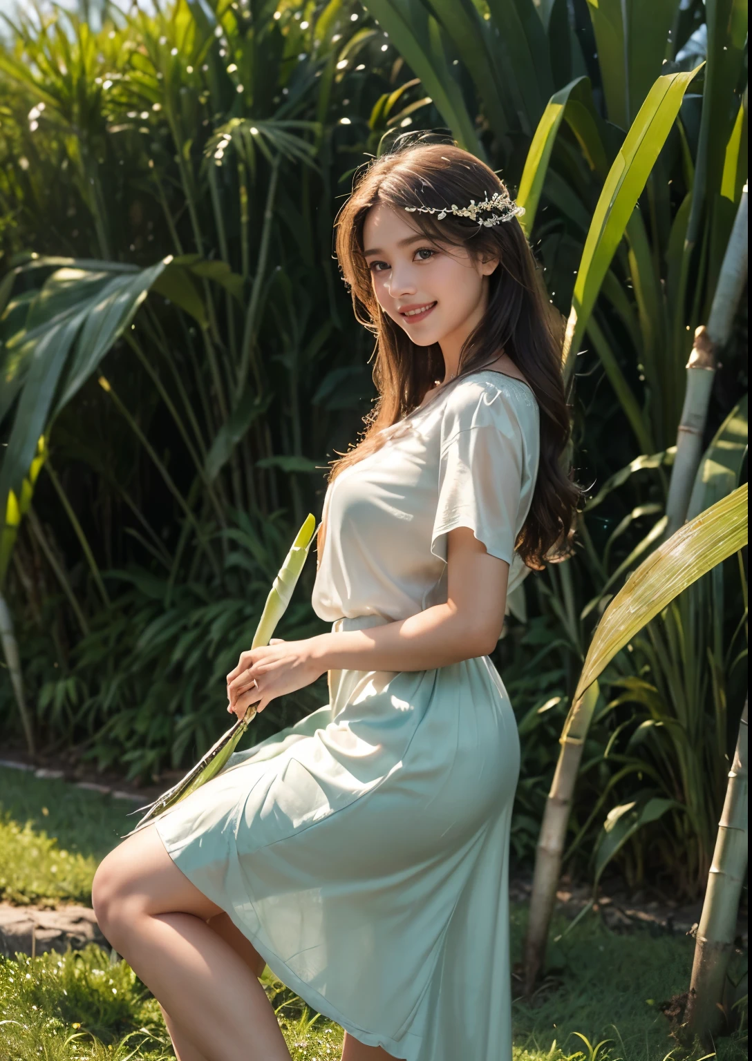 (best quality,4k,8k,highres,masterpiece:1.2),ultra-detailed,(realistic,photorealistic,photo-realistic:1.37),portrait,soft lighting,beautiful detailed eyes, beautiful detailed lips,long eyelashes,dark wavy hair,serene expression,olive skin, ((Standing)),((seafoam glitter silky satin t-shirt with above knee length Peach skirt)), ((Detailed Dress)), ornate embroidery,subtle hand gesture,graceful posture, dappled sunlight filtering through the Sugarcanes,((sugarcane Forming Fields)), ((((sugarcane Farming)))),((((fresh and eatable Sugarcanes)))), rustling sound of sugarcane stalks swaying in the breeze, Sugarcane soft warm tones,ethereal atmosphere,((sweet aroma of ripening sugarcane)),delicate dewdrops glistening on the tips of the leaves,subtle movements of the girl's dress in the wind,peaceful ambience,harmony between the girl and nature, ((clear Sugarcane plants)), Perfect Sugarcanes, ((Big Sugarcane plants)), Stylish Poses, Stylish angles, (((Full Body shot))), (((Closeup shot))), ((((all angles full body view)))), ((((smile:1.2))))