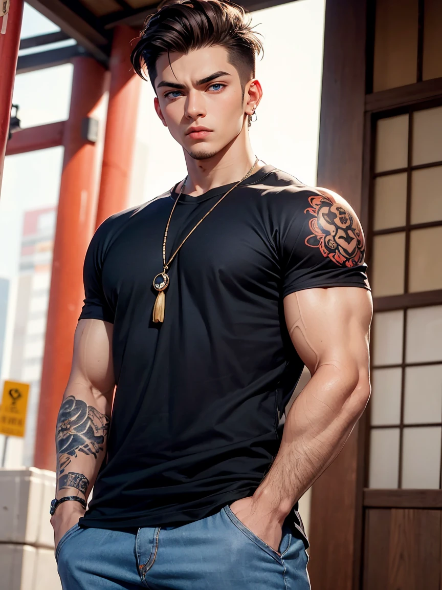 colorful,highest detailed, Young 18 years old Male with realy dark short brown hair with , blue eyes, handsome, casual clothes, beautiful serious eyes, gangster, slicked back with bangs hairstyle, toned muscle, japanese styled tatoo fully covering his right arm, yakuza member